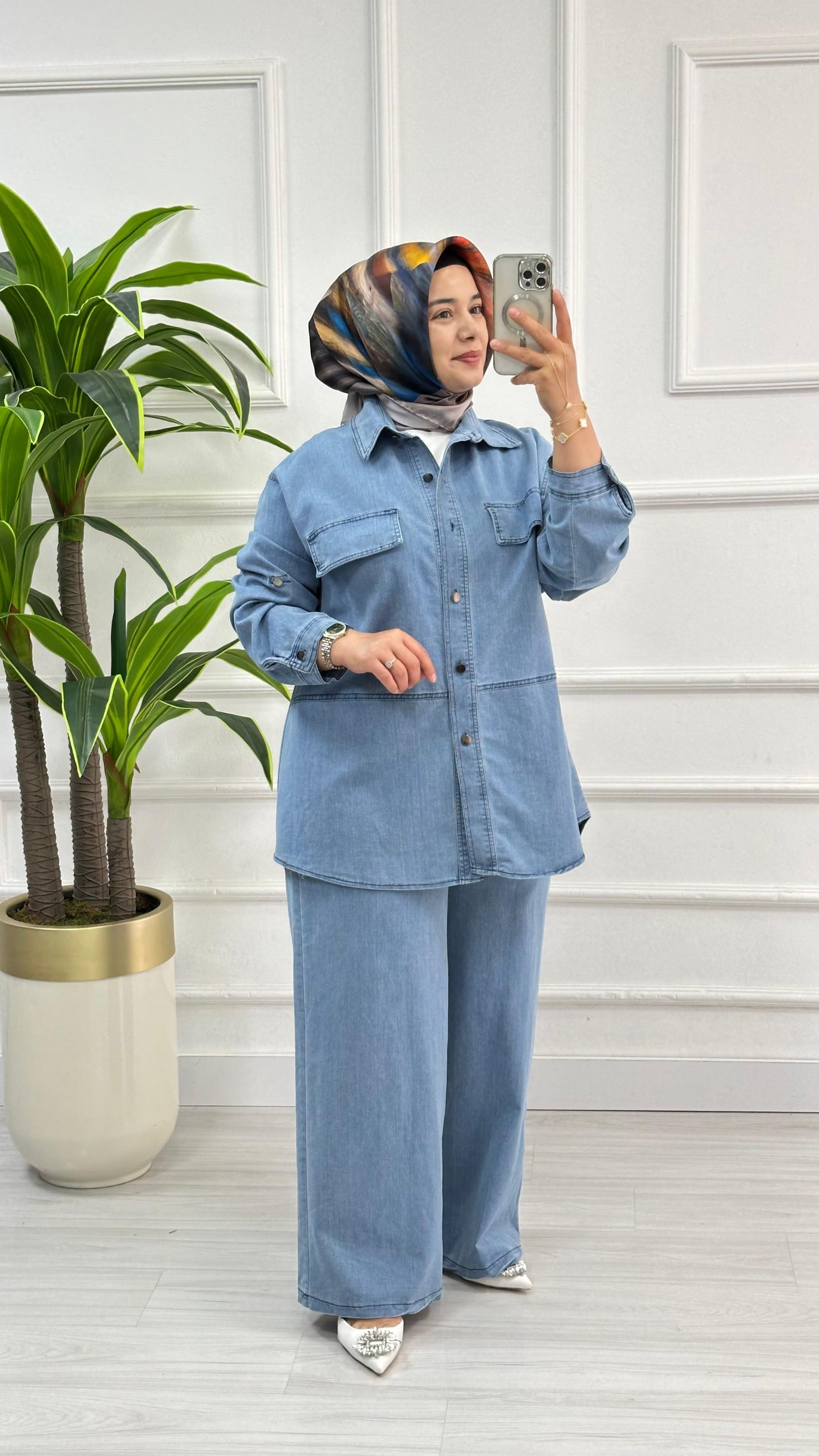 Düğmeli Katlama Kollu Ceket ve Pantolonlu Kot İkili Takım 1800