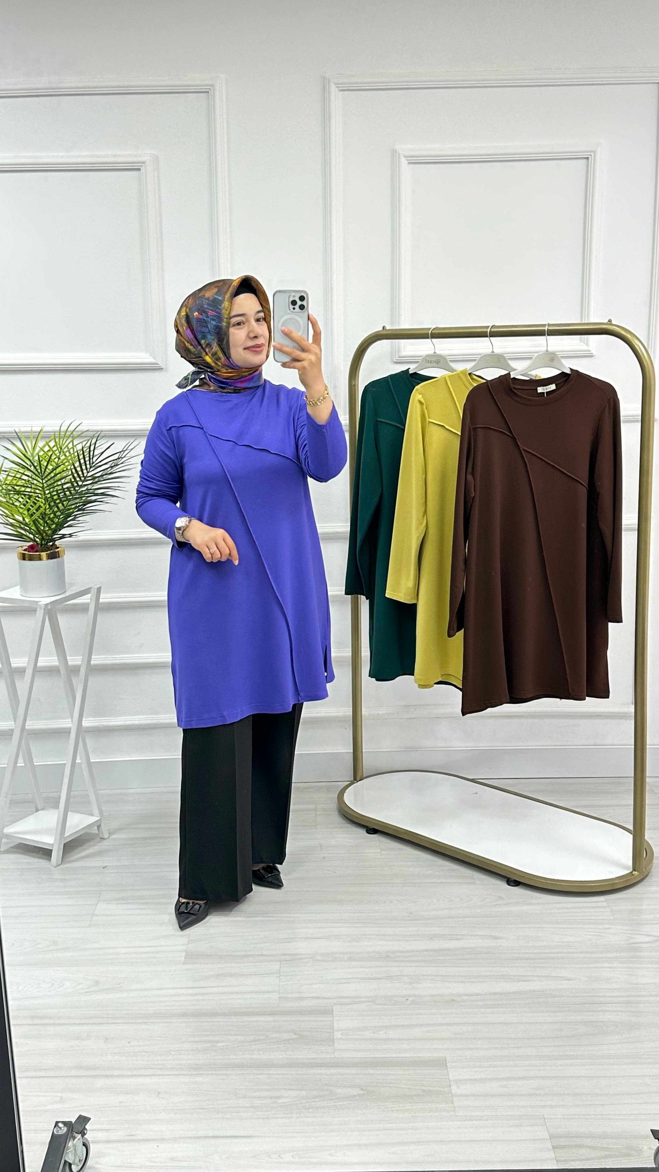 Kado Önü Nervürlü Yanı Yırtmaç Detaylı Kadın Tesettür Tunik 9494 - Mor