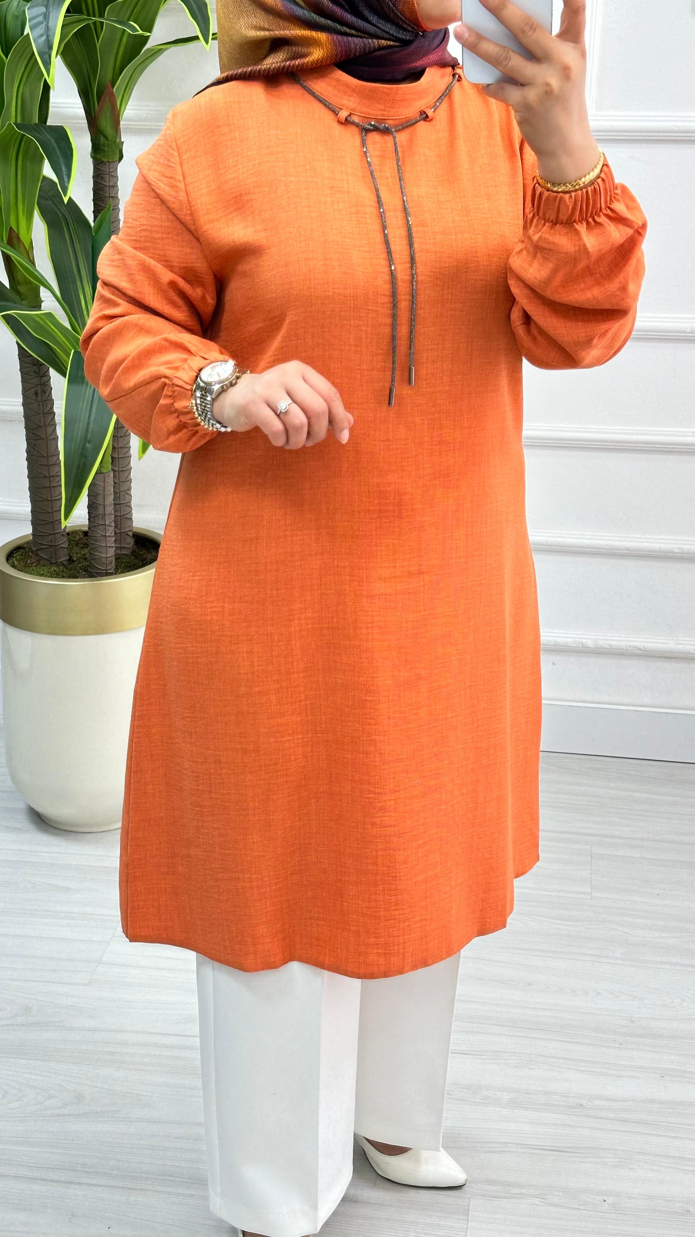 Sim İpli Pamuk Keten Tunik 2819 - Oranj