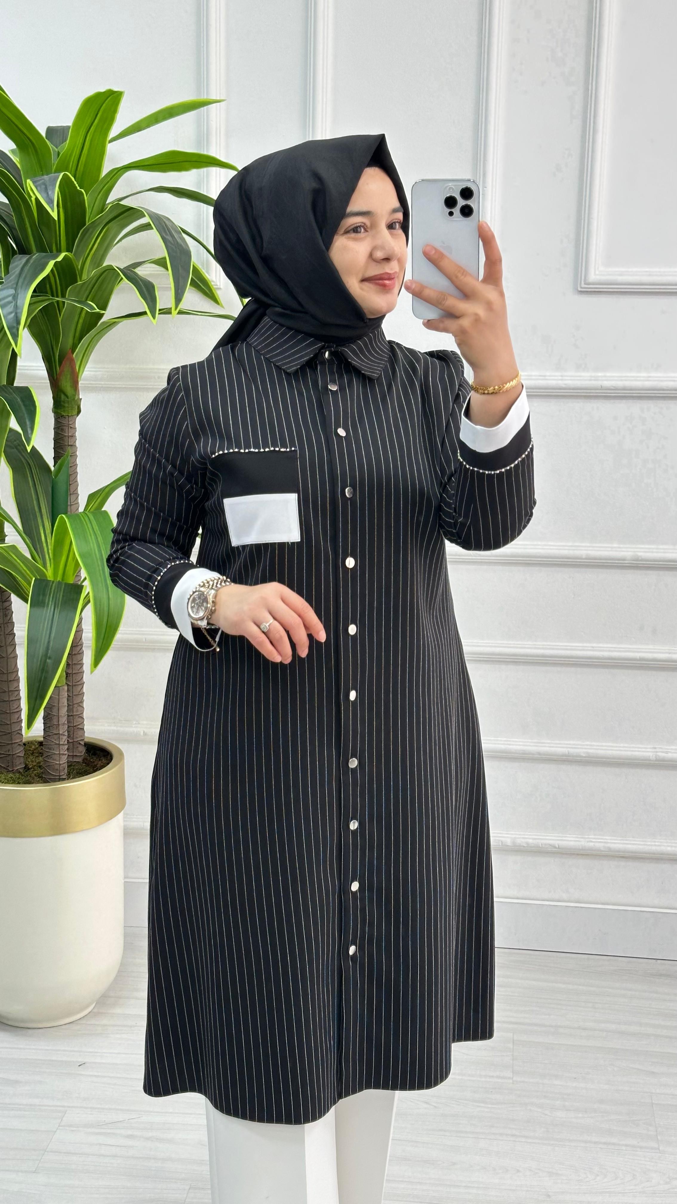 Çizgi Desenli Taşlı Uzun Tesettür Tunik 2920