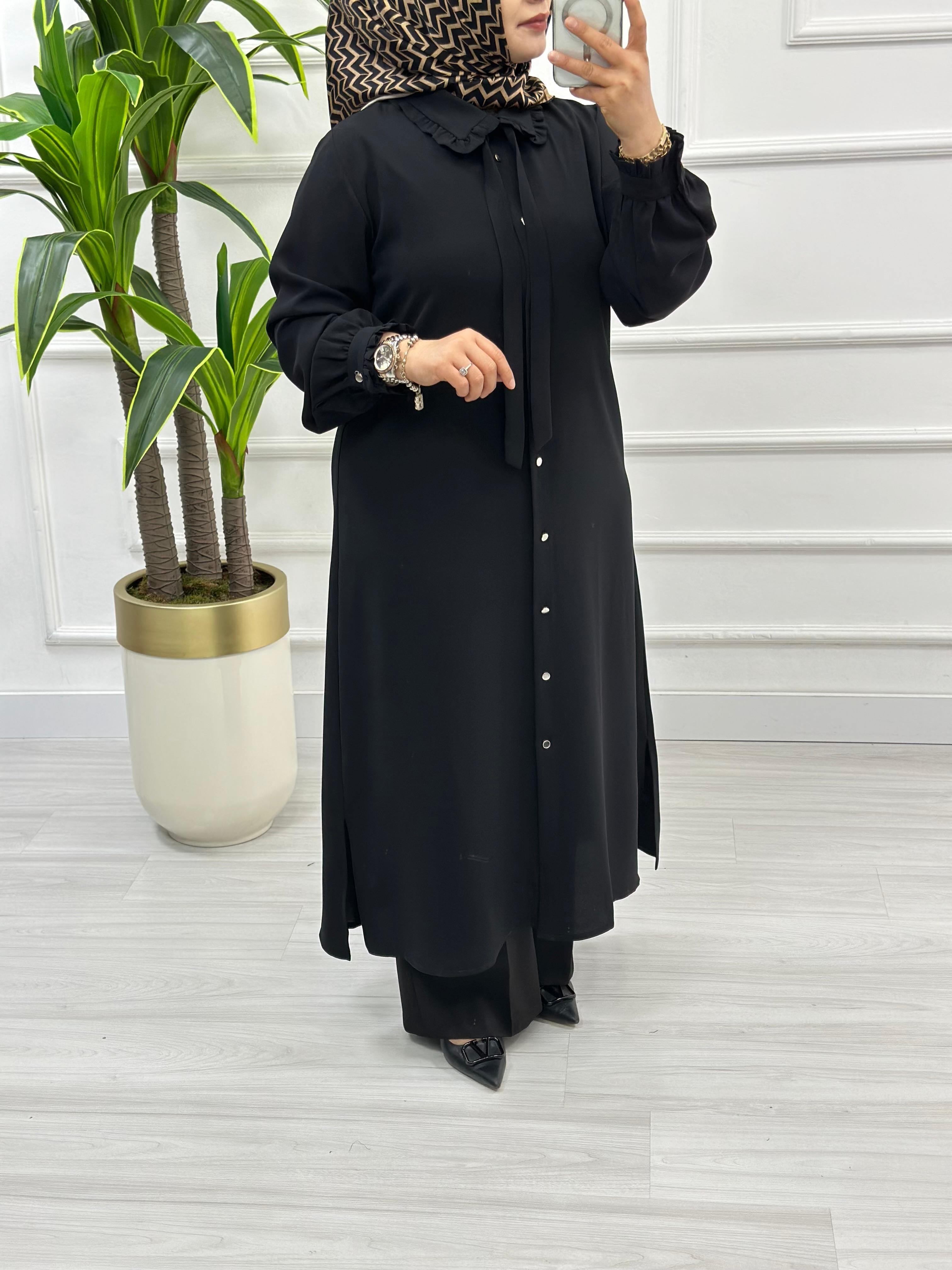 Alesya Bebe Yakalı Fırfırlı Fular Detaylı Tunik 4866 - Siyah