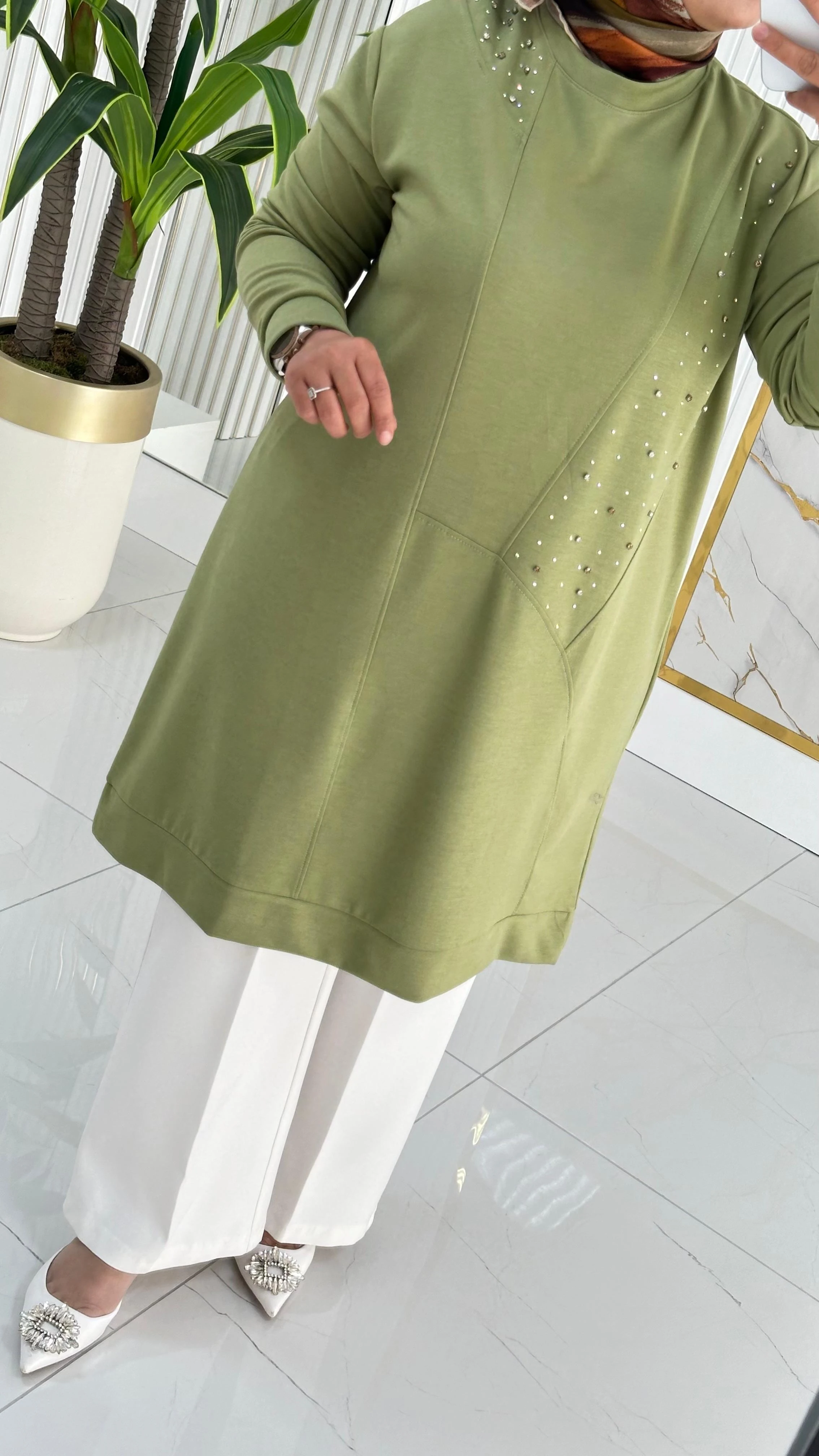 Kado Taş Baskılı Asimetrik Tunik 7020 - Fıstık yeşili