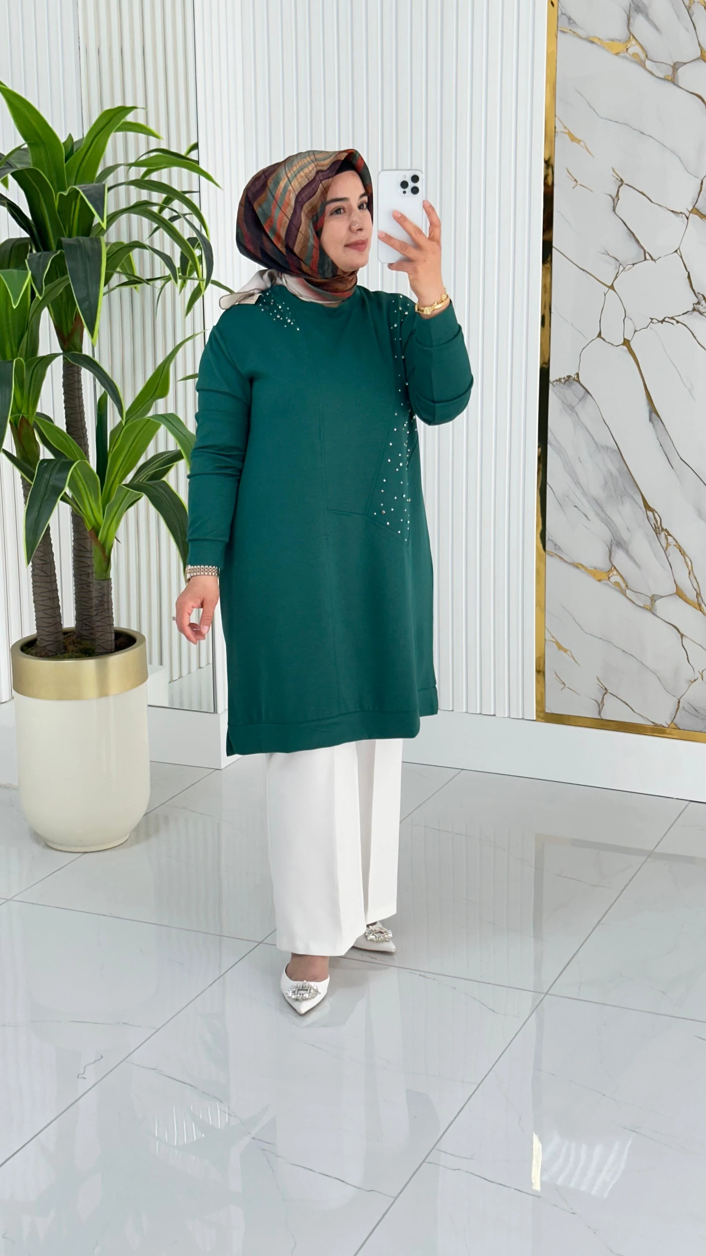 Kado Taş Baskılı Asimetrik Tunik 7020 - Koyu Zümrüt