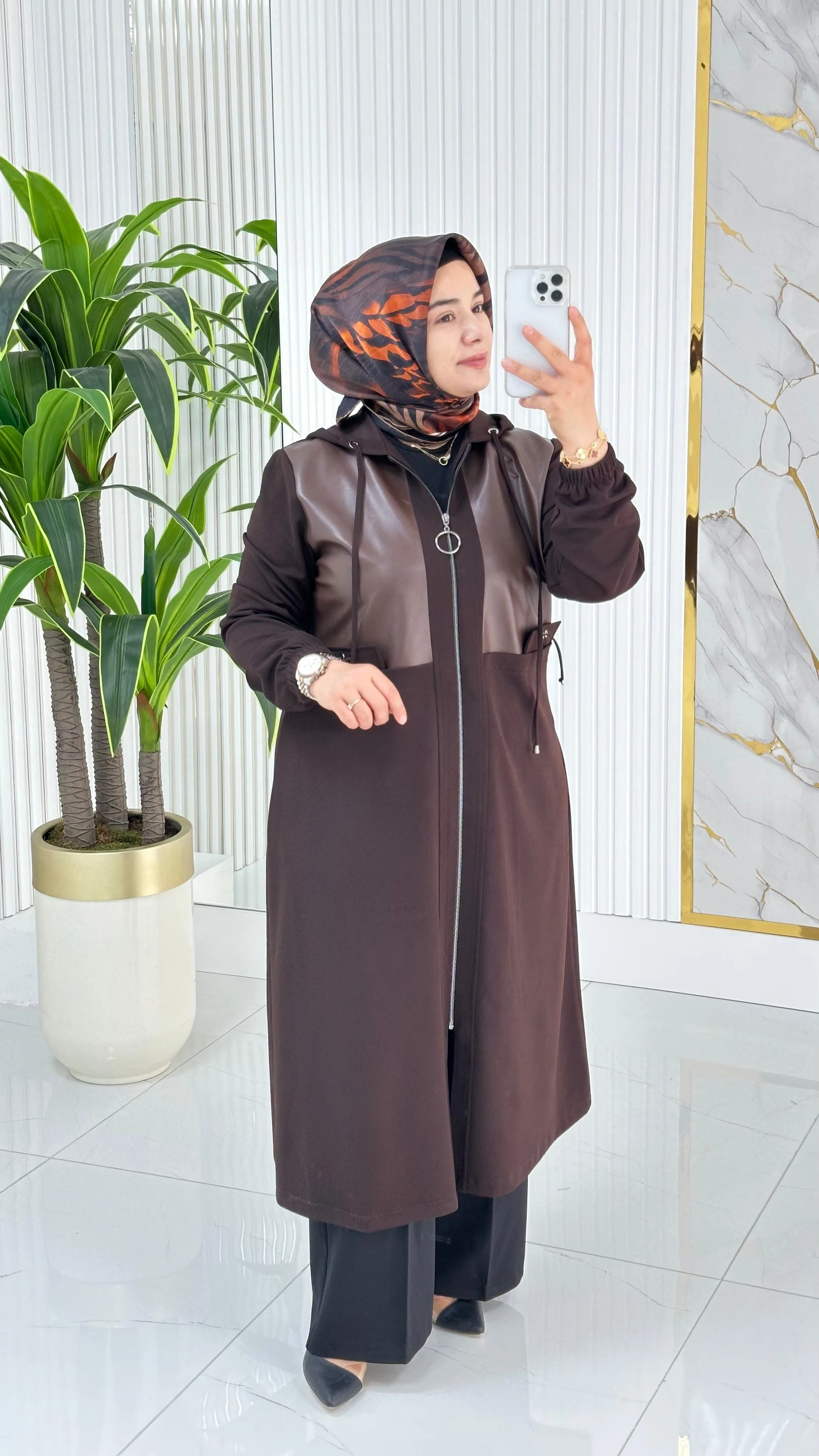 Önü Fermuarlı Deri Kombinli Kadın Giyçık Kap 2278 - Açık Kahve