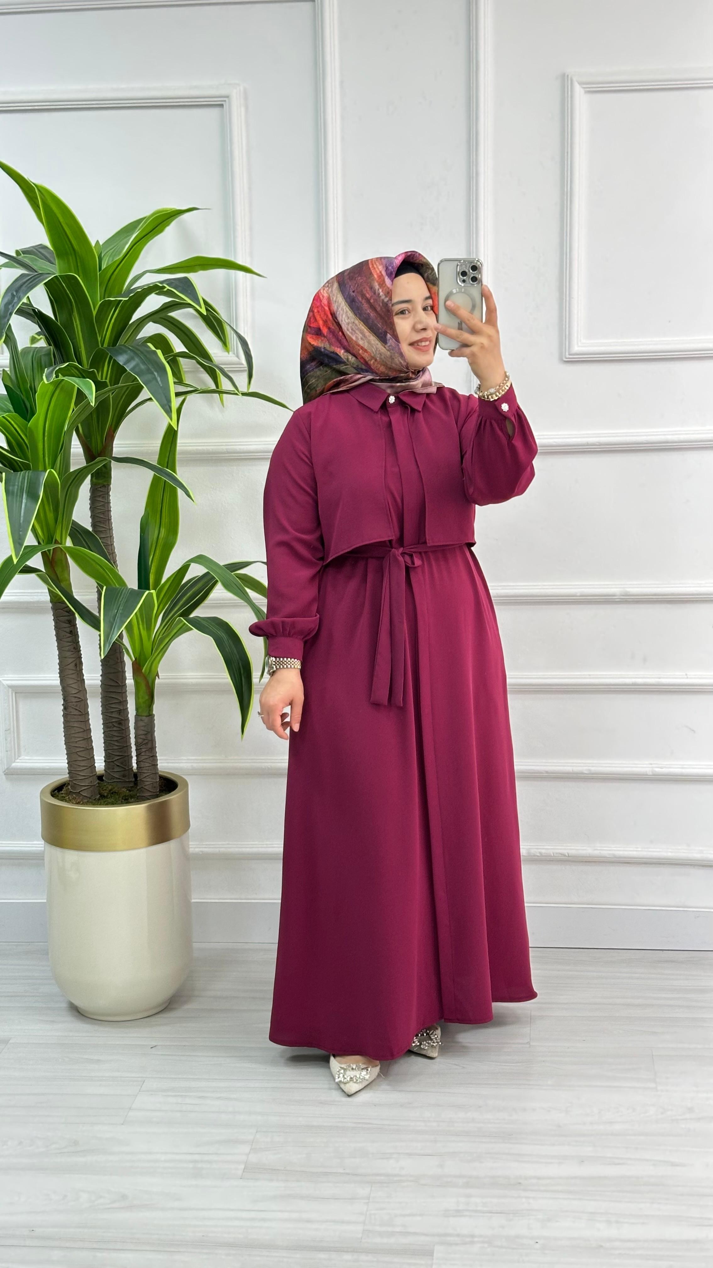 Önü Allerli Kemer Detaylı Detaylı Giyçık / Elbise 1902 - Bordo