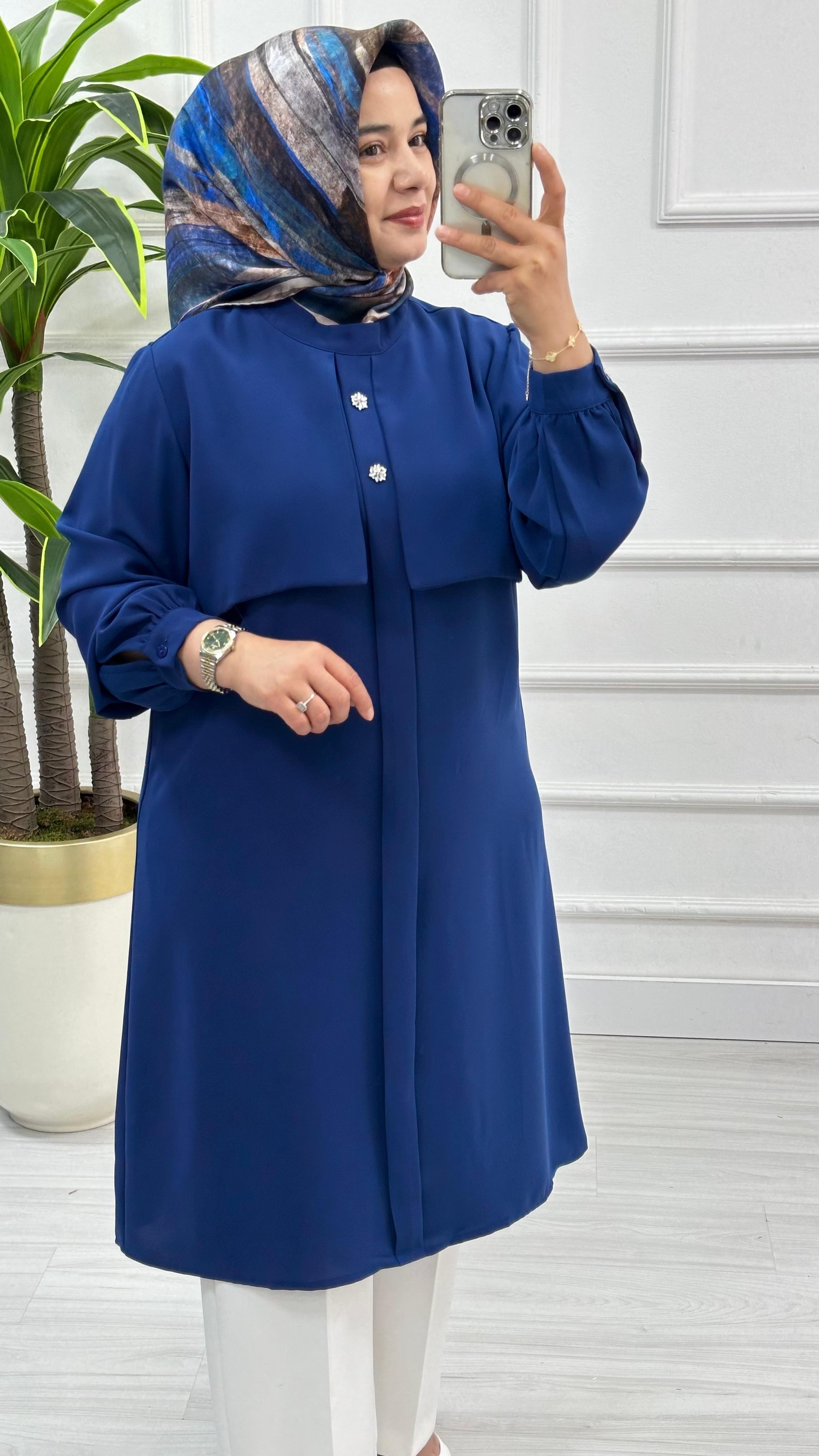 Alesya Taşlı Cepkenli Polo Krep Tunik 4887 - Saks Mavisi