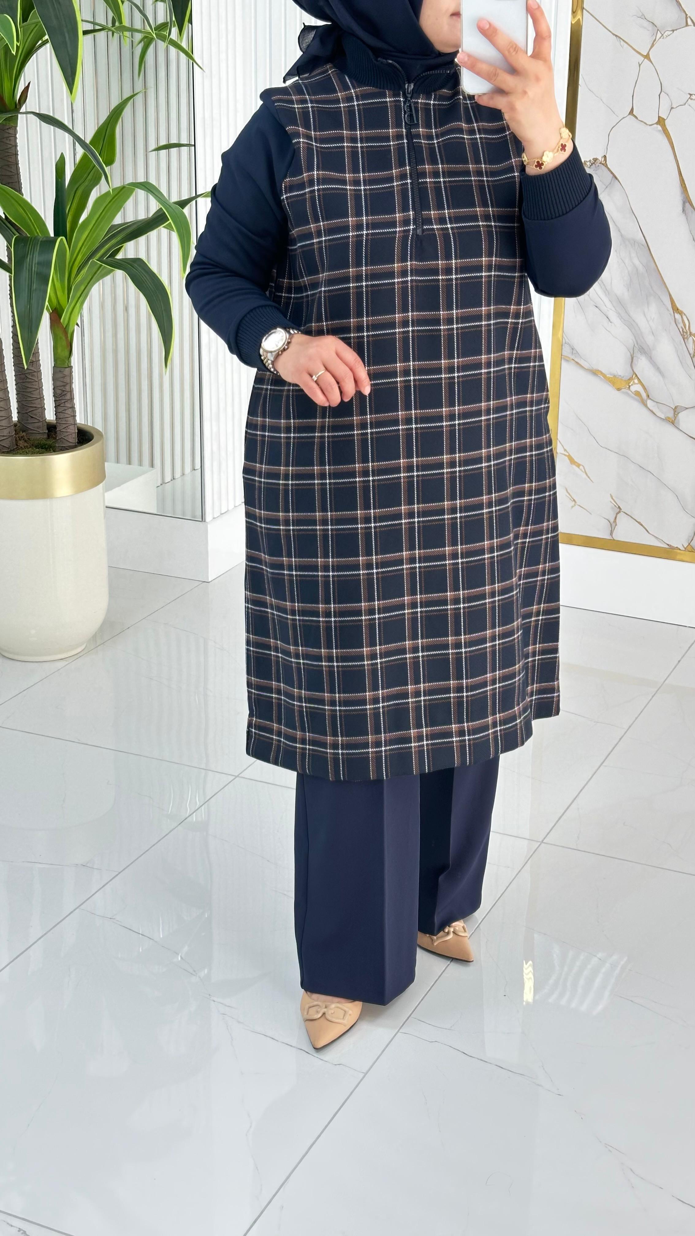 BELLİ (Armine Trend)Ekose Desen Ribanalı Kadın Tunik 1442