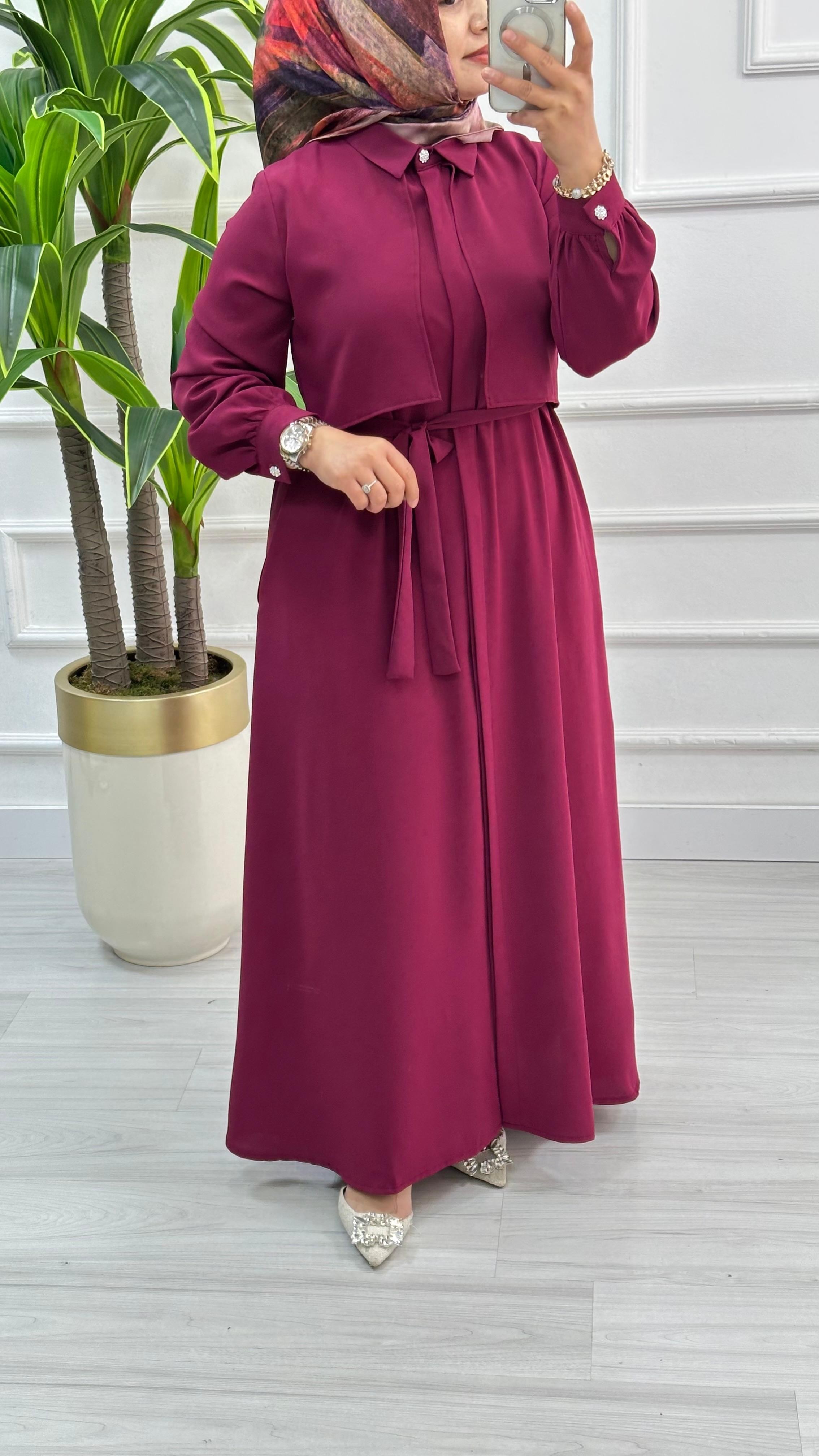 Önü Allerli Kemer Detaylı Detaylı Giyçık / Elbise 1902 - Bordo