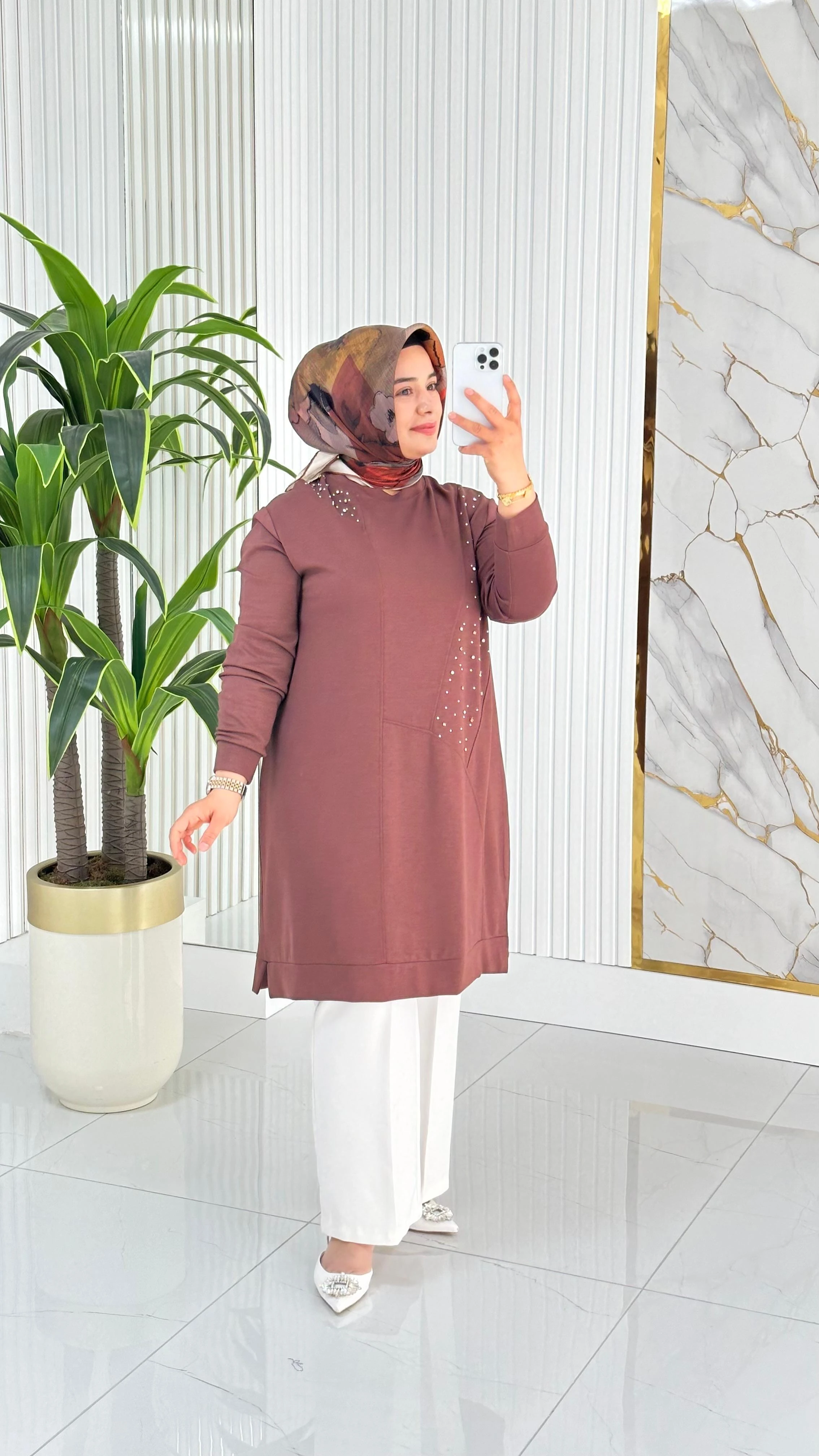 Kado Taş Baskılı Asimetrik Tunik 7020 - Kahverengi