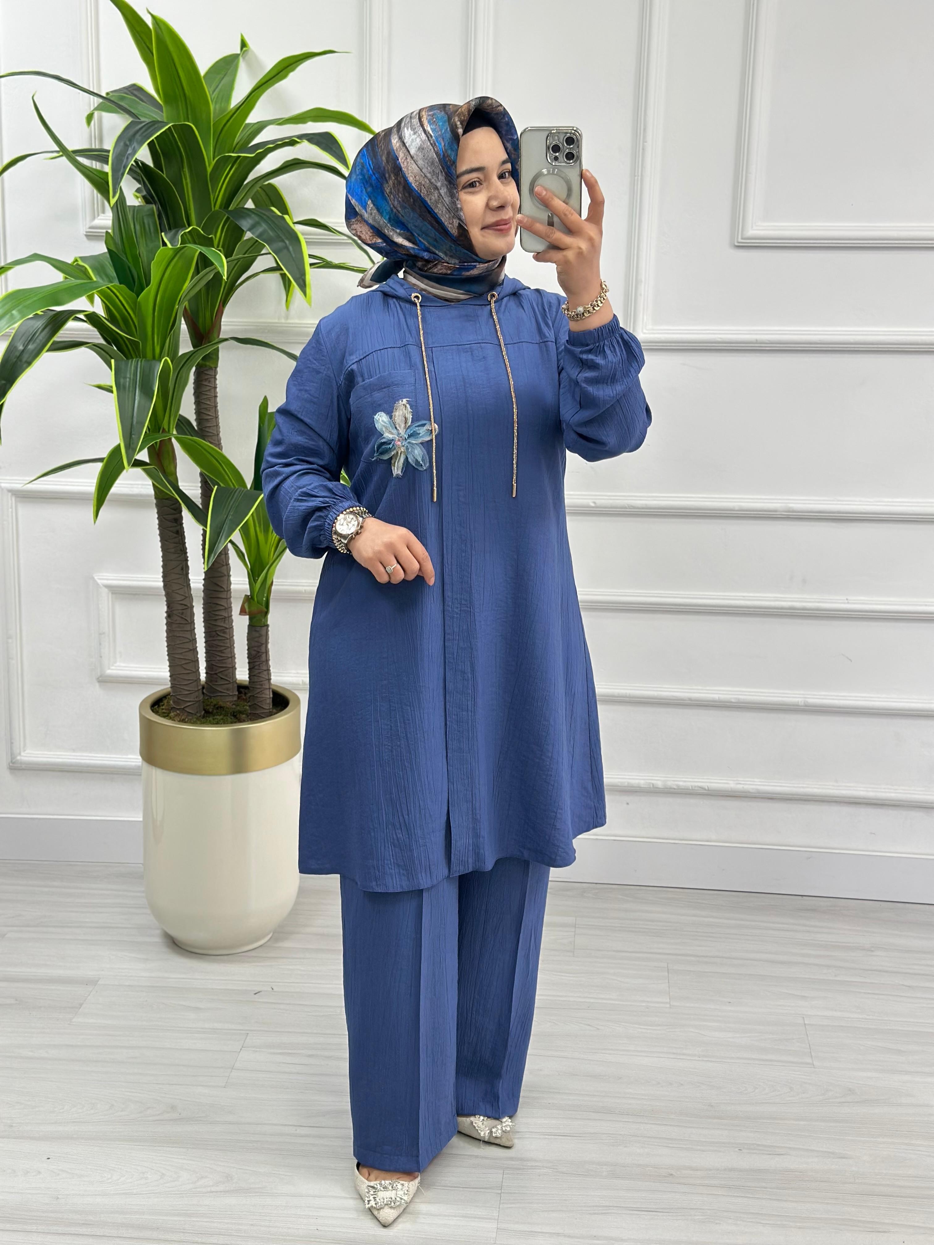 Çınar Özkan Çiçek Detaylı Pantolonlu Takım 2045 - Mavi