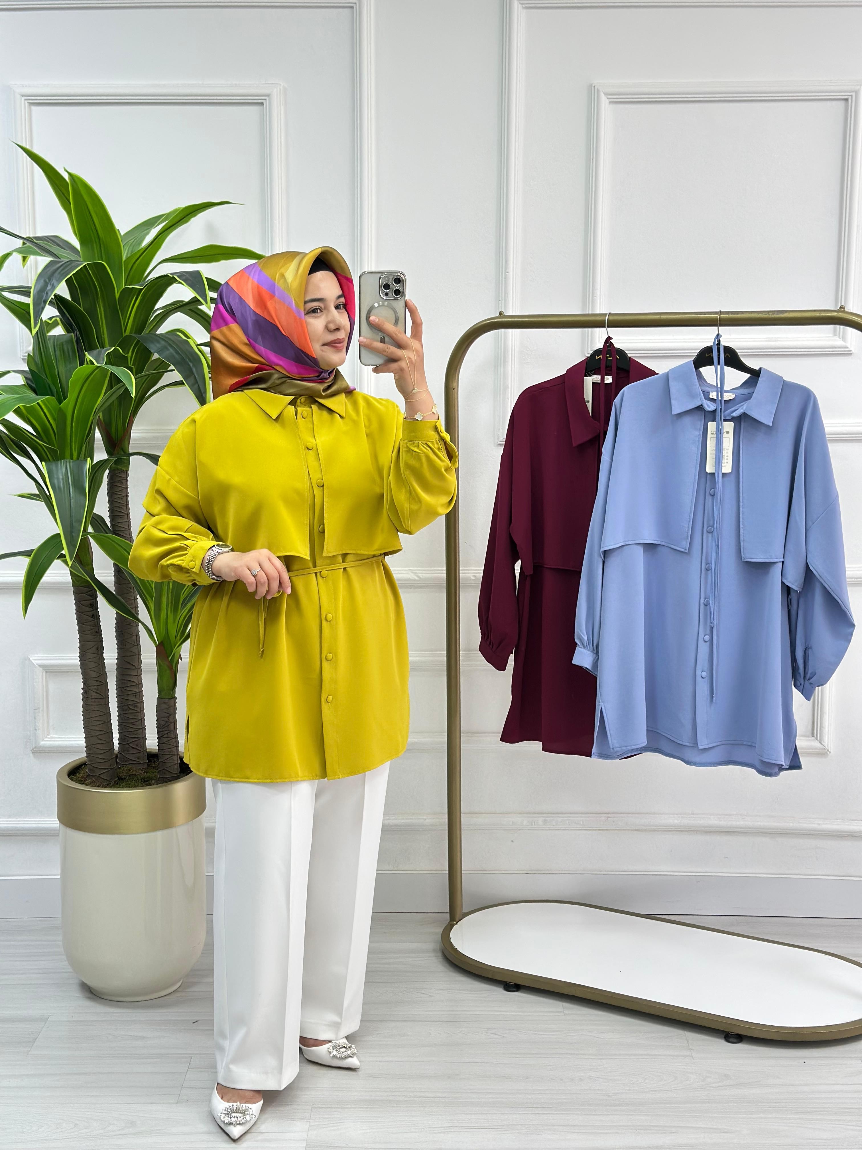 Cepkenli Biyeli Kemerli Linda Spor Tunik 1869 - Yağ Yeşili