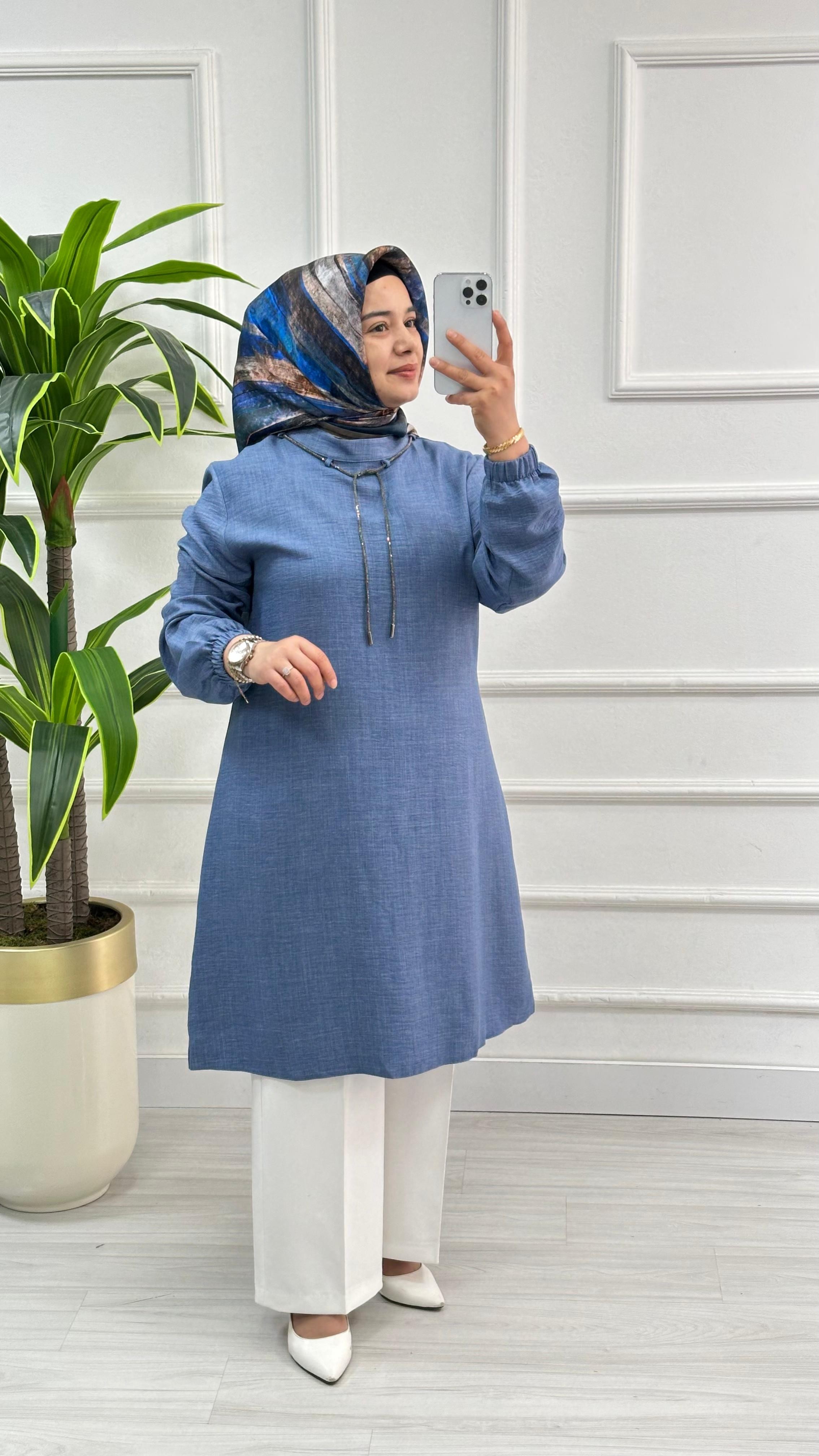 Sim İpli Pamuk Keten Tunik 2819 - İndigo