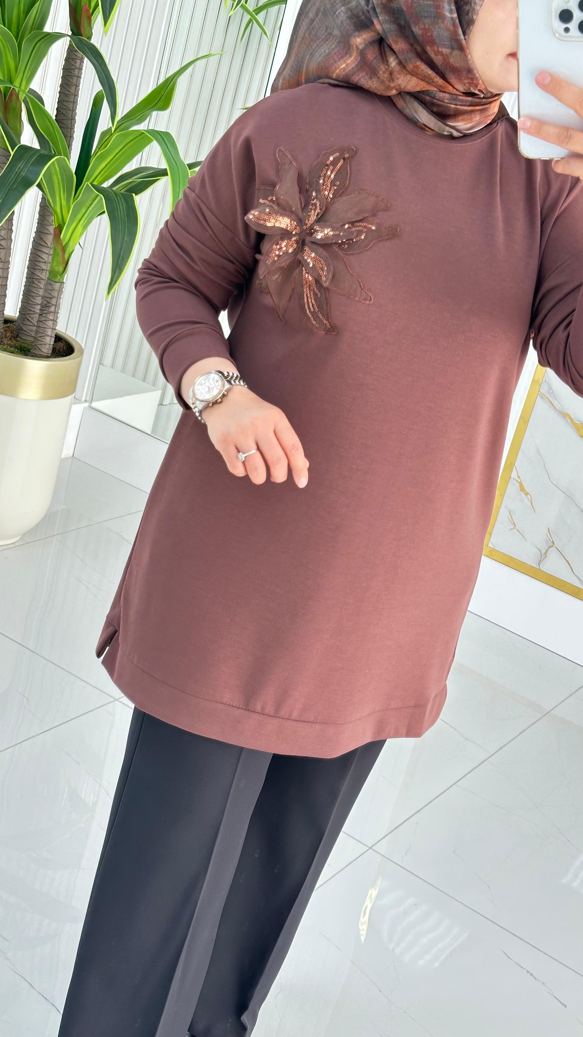 Kado Çiçek Desenli Tunik 7346 - Kahverengi