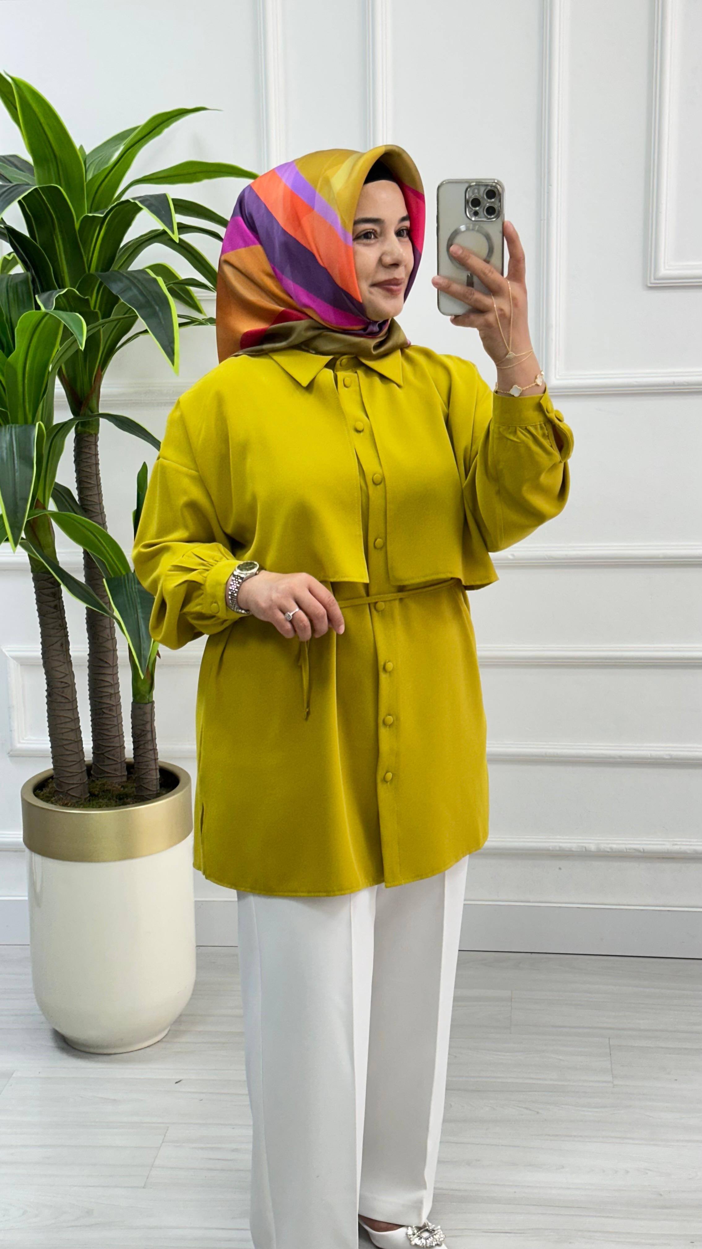 Cepkenli Biyeli Kemerli Linda Spor Tunik 1869 - Yağ Yeşili