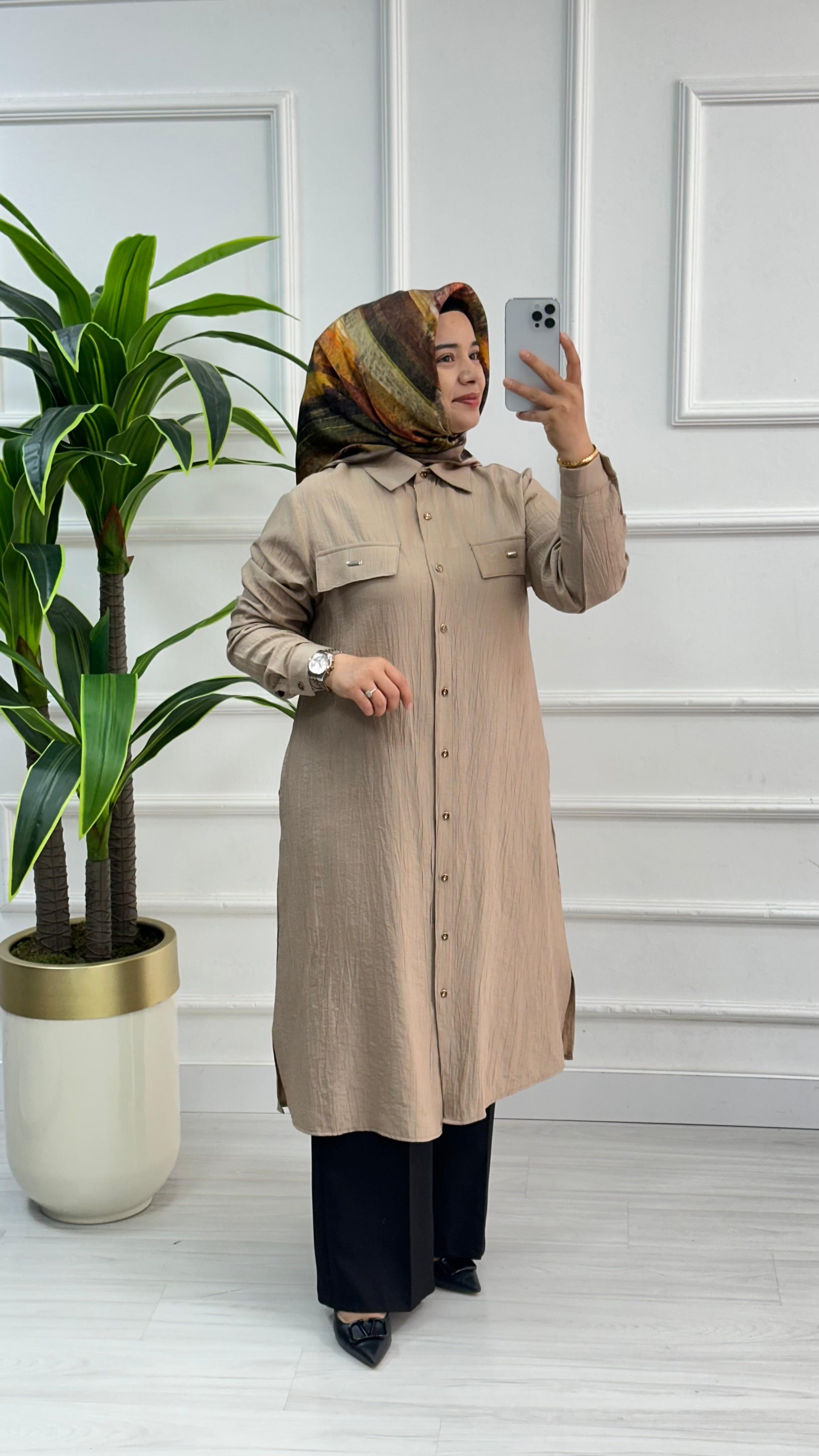 Kado Cep Detaylı Tensel Kumaş Tunik 1900 - Taş