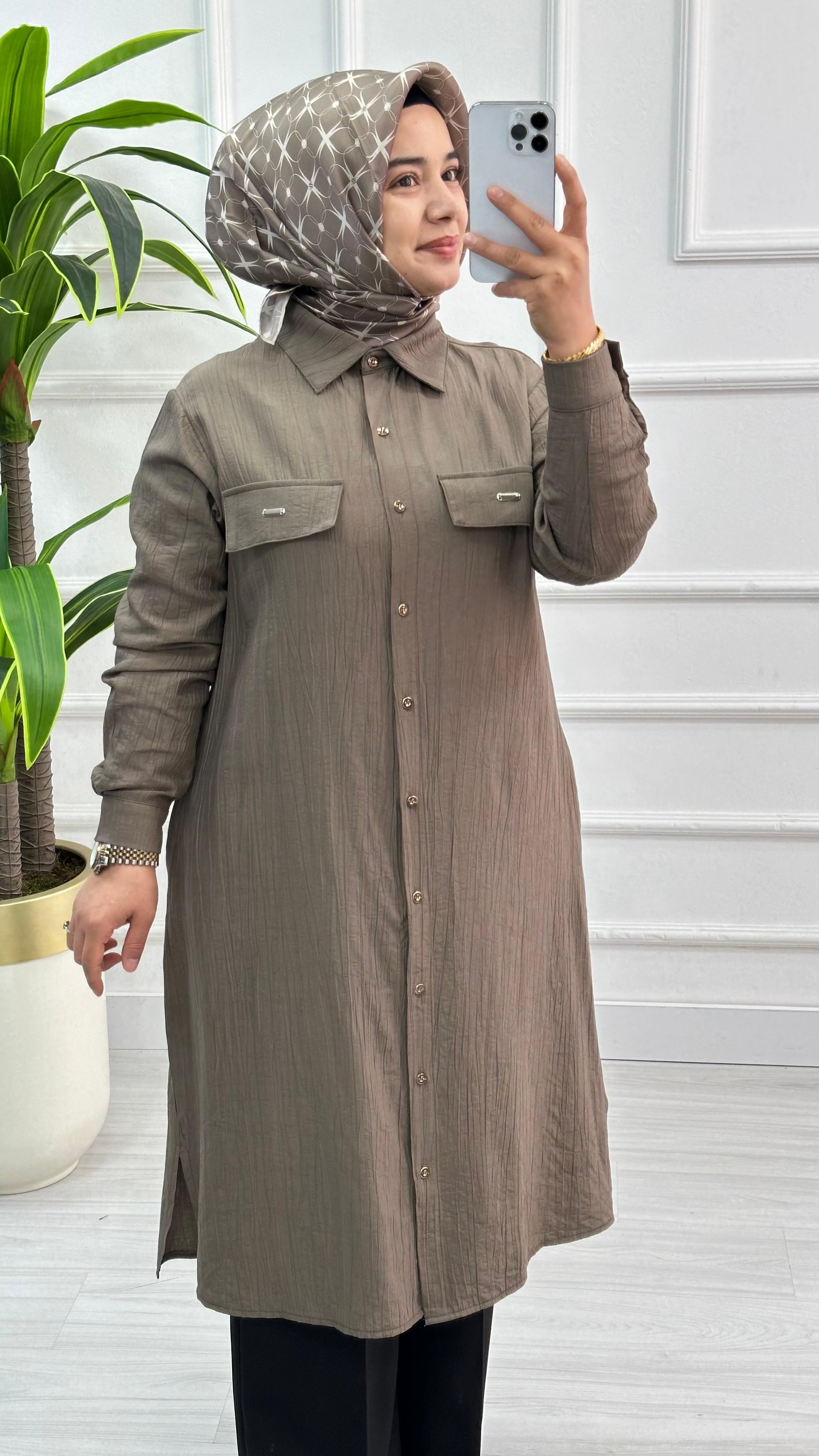 Kado Cep Detaylı Tensel Kumaş Tunik 1900 - Vizon