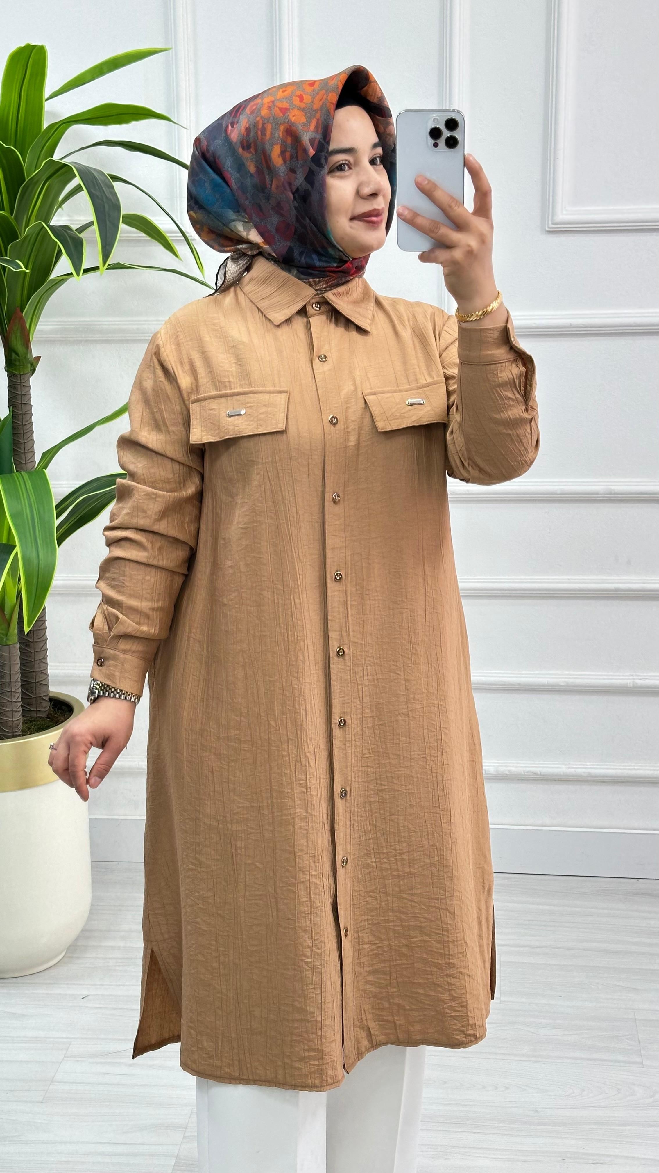 Kado Cep Detaylı Tensel Kumaş Tunik 1900 - Kavun