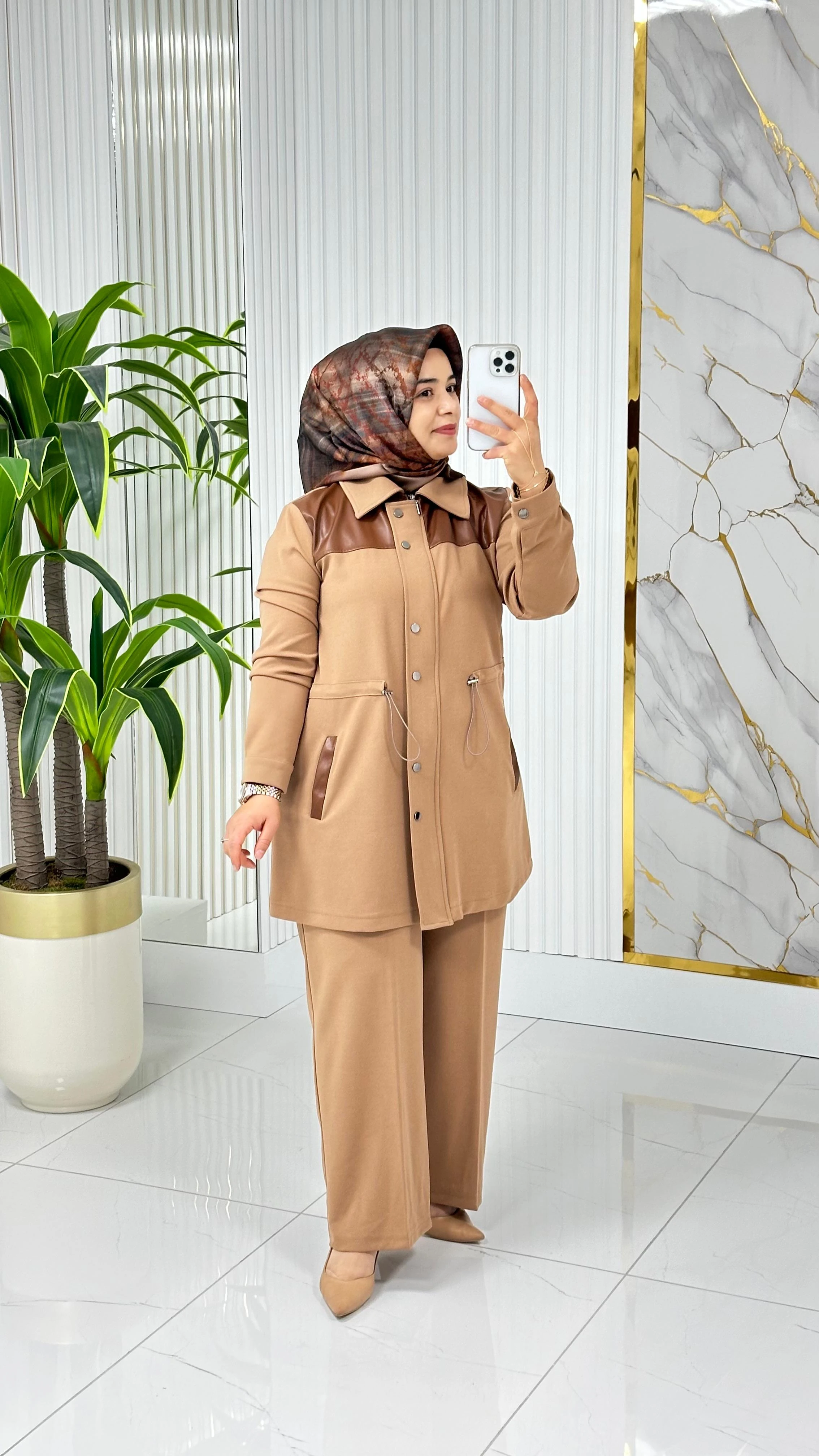 ÇINAR ÖZKAN DERİ DETAYLI İKİLİ TAKIM 2235 - Vizon