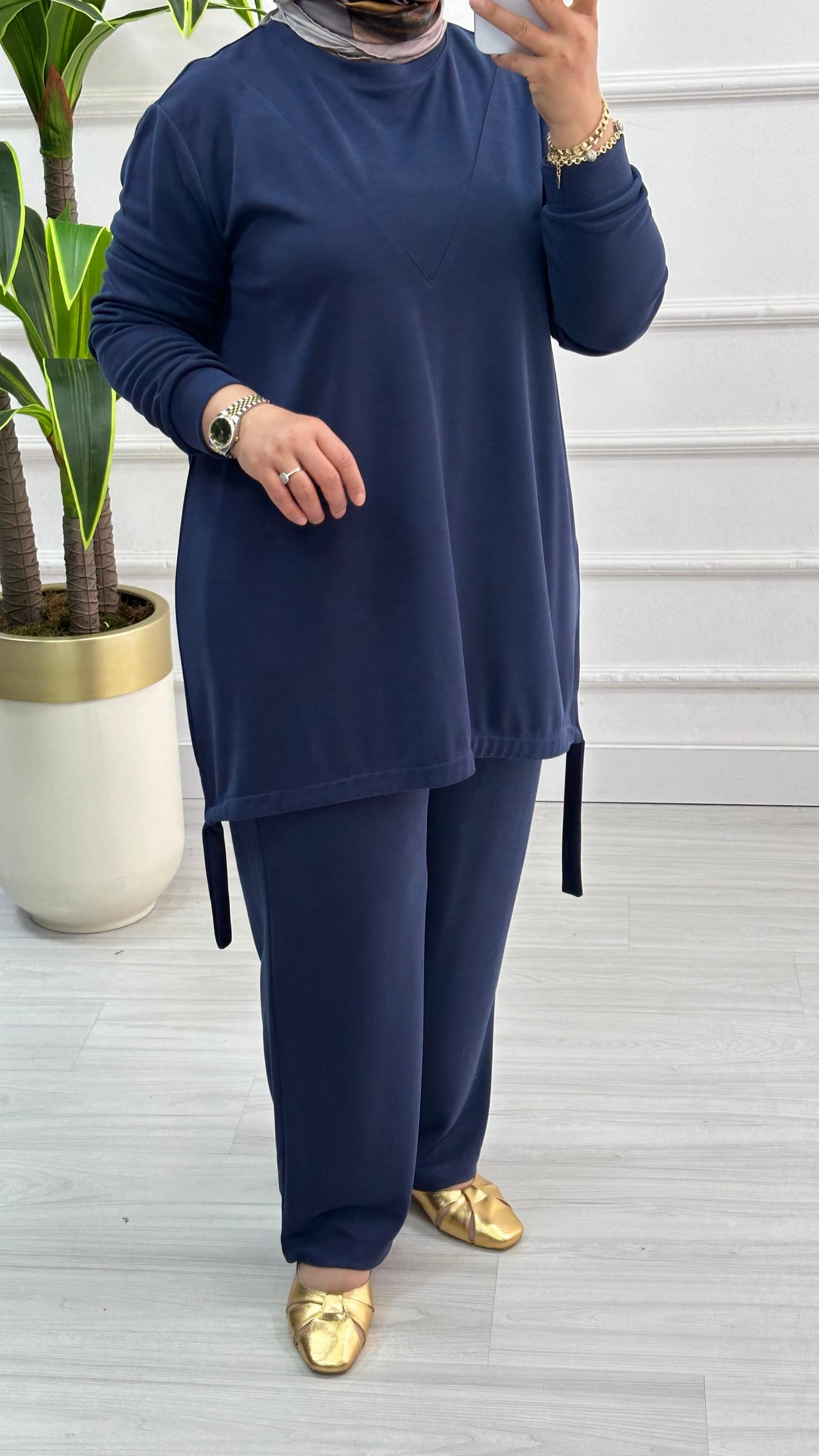 Düşük Omuz Önü Dikişli Tunik ve Pantolon Kadın İkili Takım KADO 7120 - Lacivert