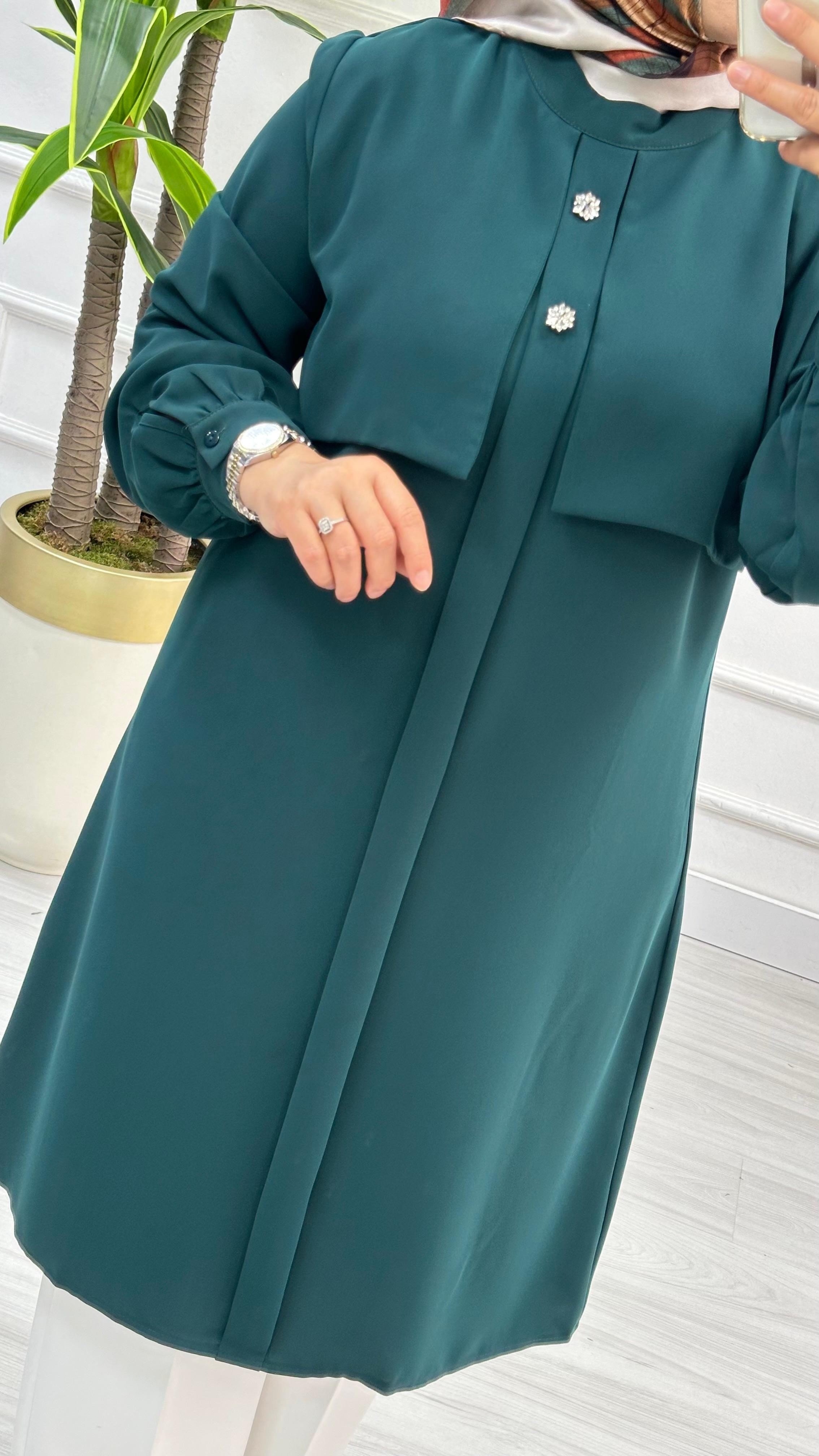 Alesya Taşlı Cepkenli Polo Krep Tunik 4887 - Zümrüt Yeşili