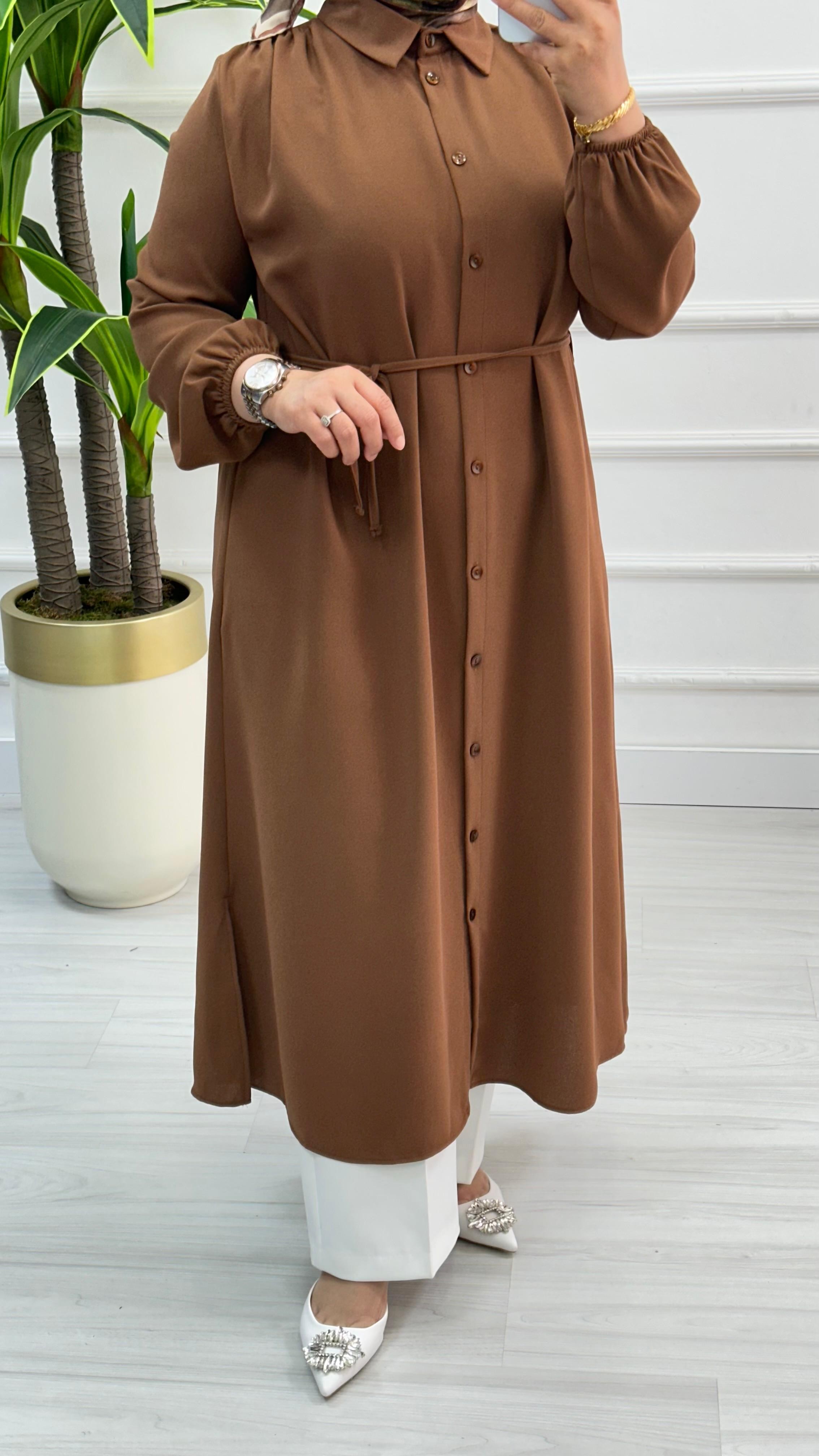 Omuzları Büzgülü Linda Kumaş Tunik 1562 - Kahverengi