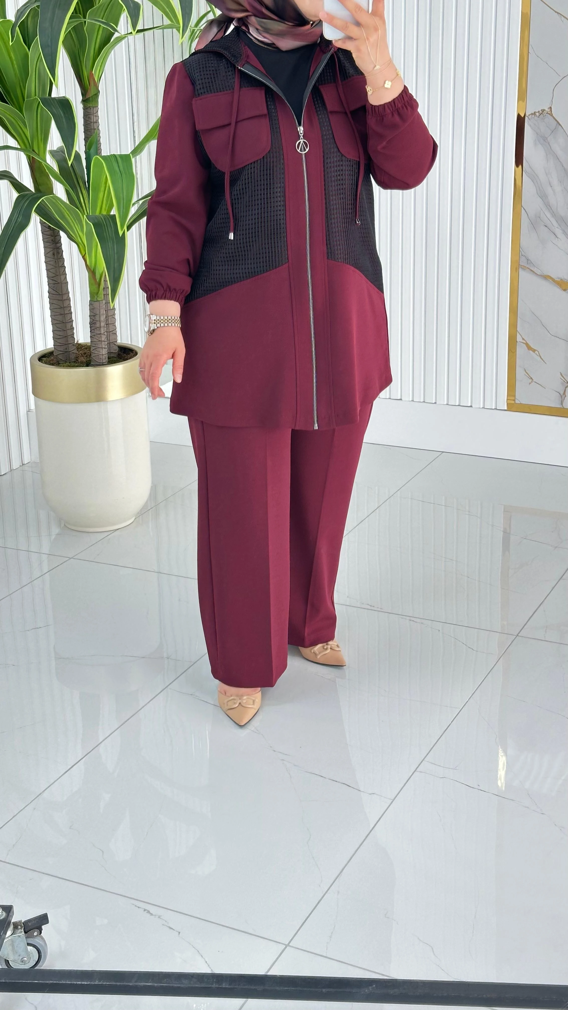 Çınar Özkan Fileli Pantolonlu Takım 2233 - Bordo