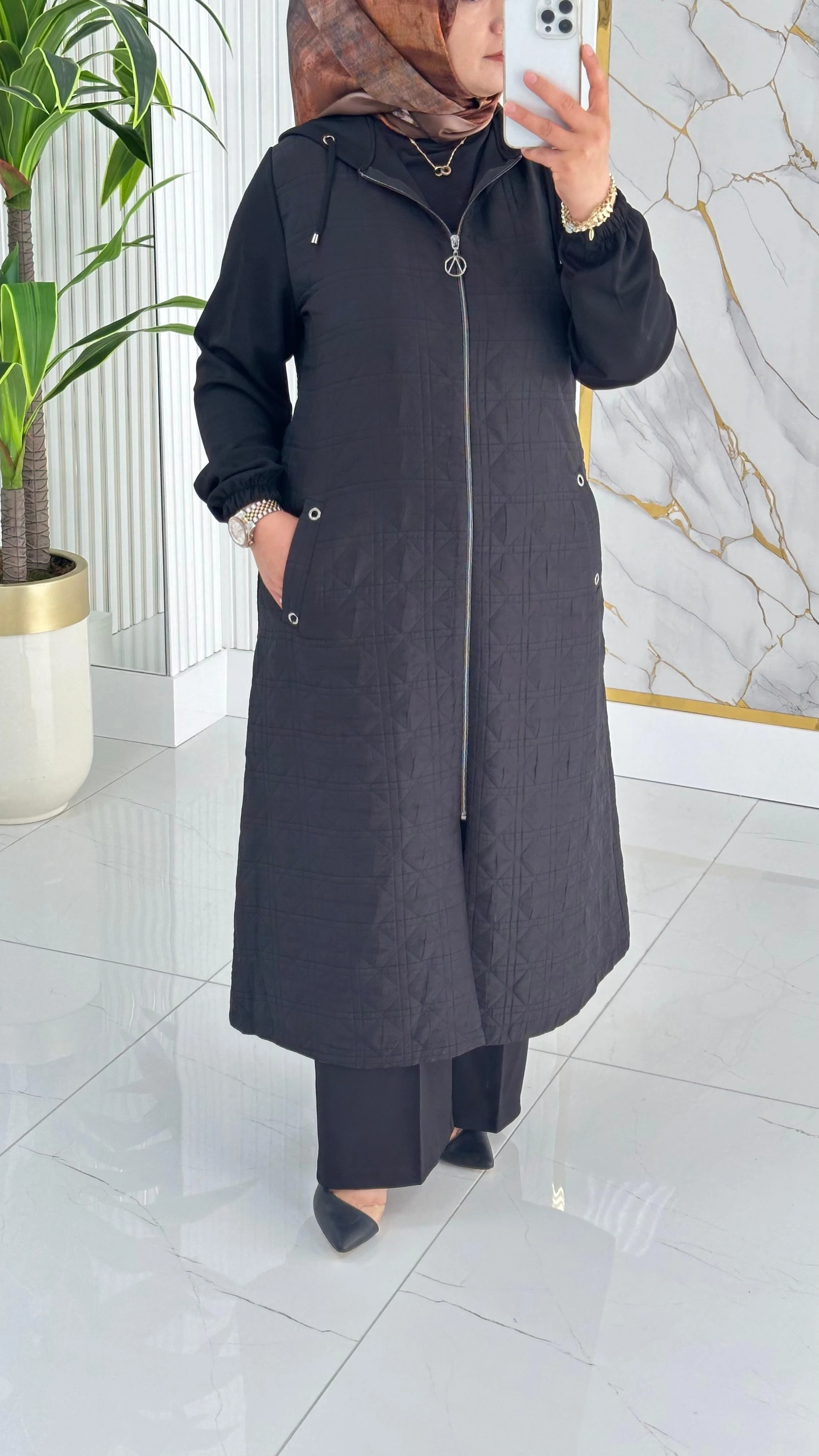 Çınar Özkan Önü Fermuarlı Cepli Kadın Kapitone Kap 2265 - Siyah