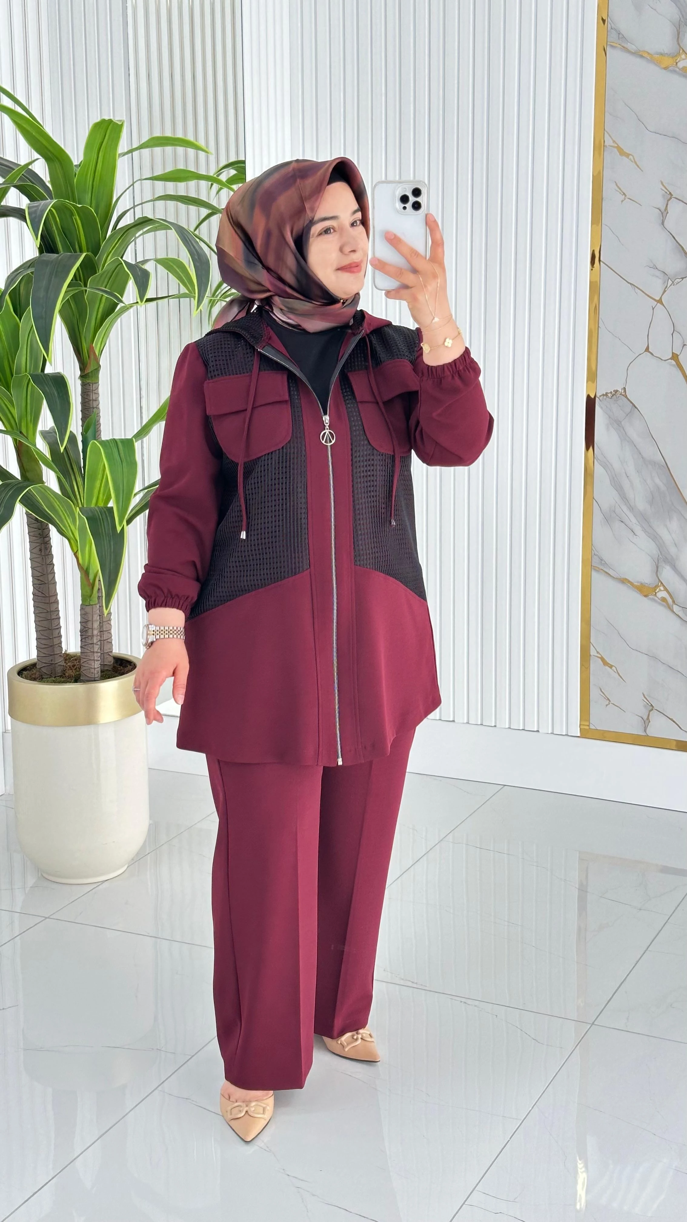 Çınar Özkan Fileli Pantolonlu Takım 2233 - Bordo