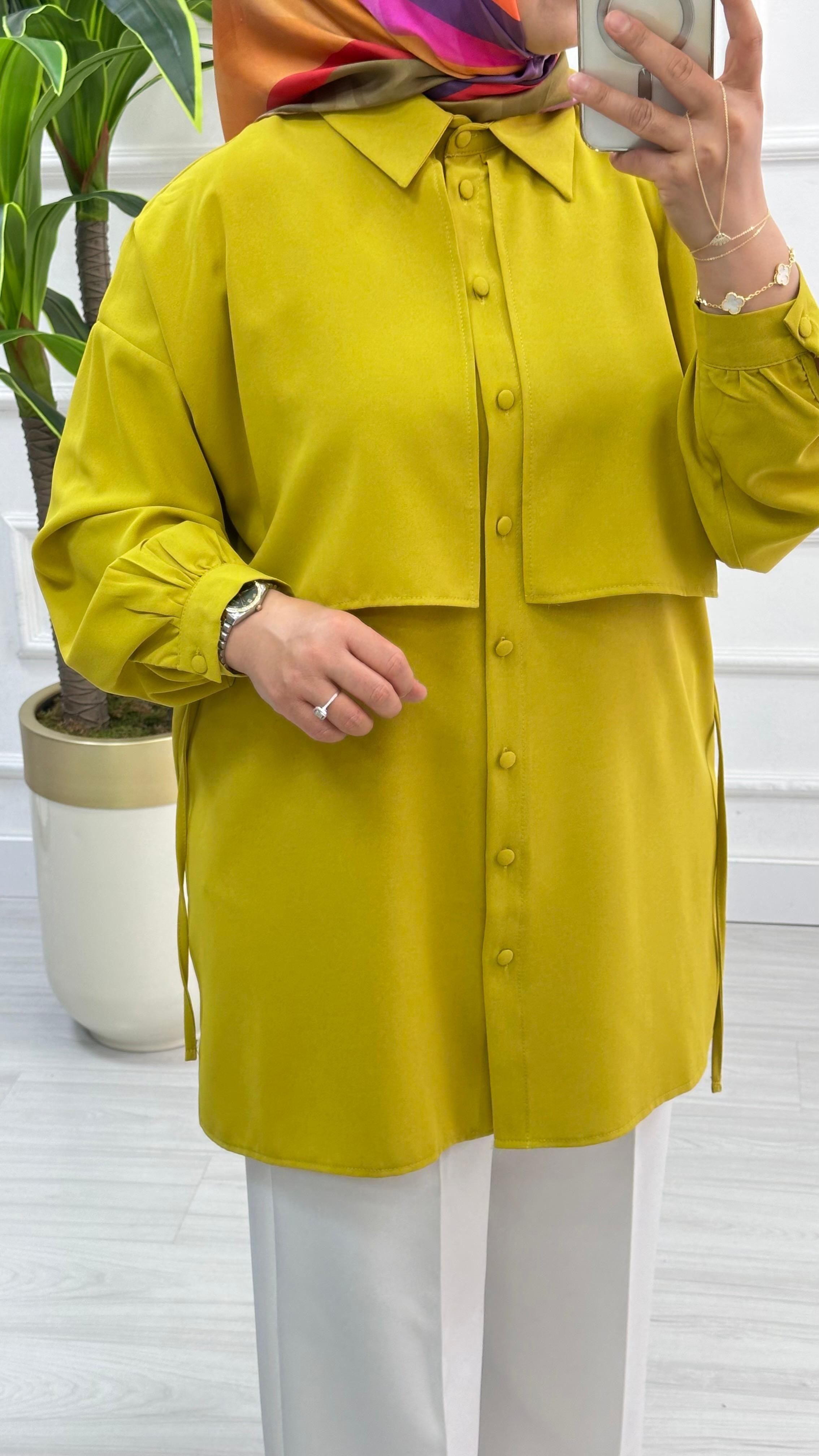 Cepkenli Biyeli Kemerli Linda Spor Tunik 1869 - Yağ Yeşili