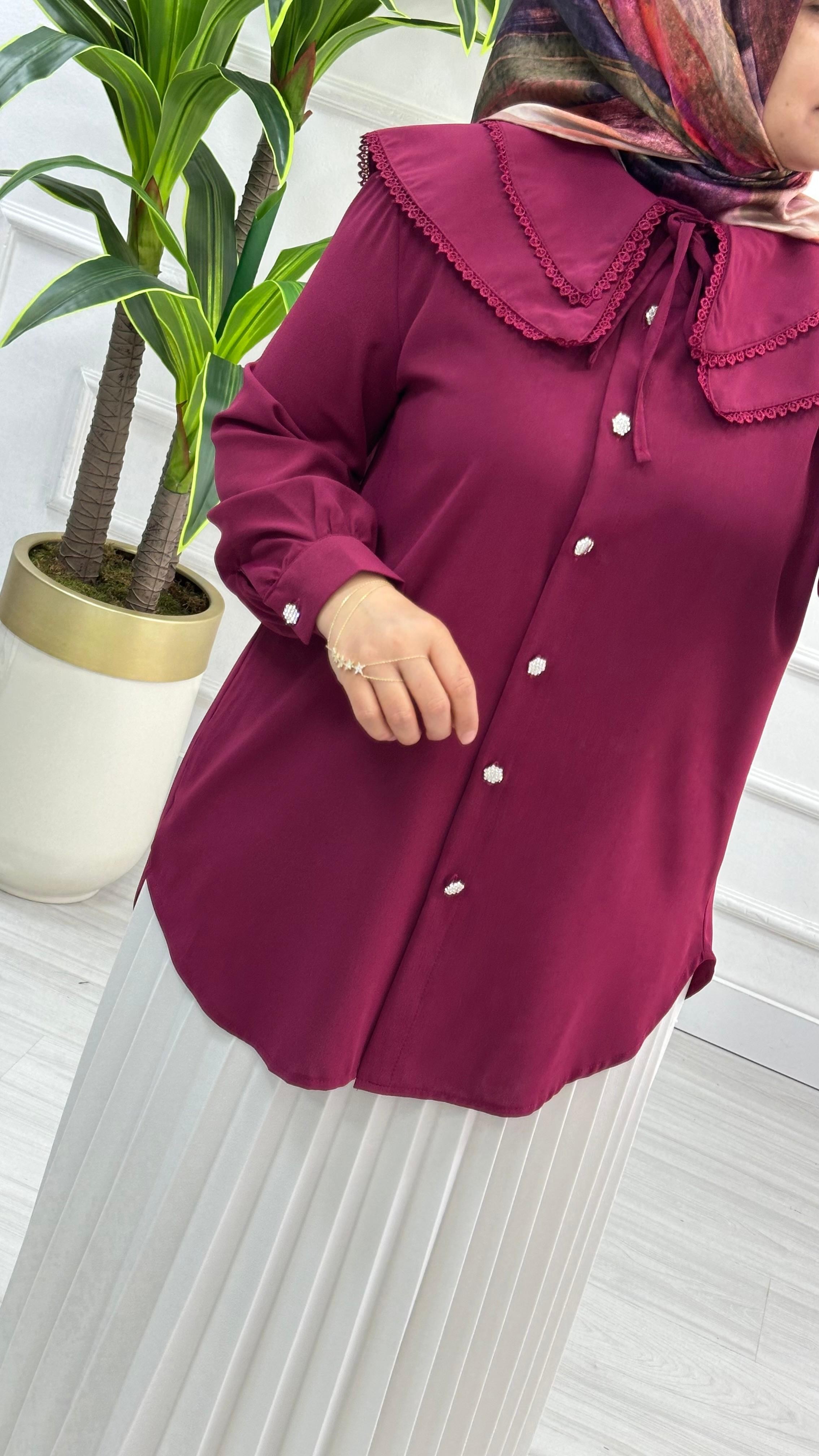 Dantelli Çift Yakalı Linda Tunik 1734 - Bordo