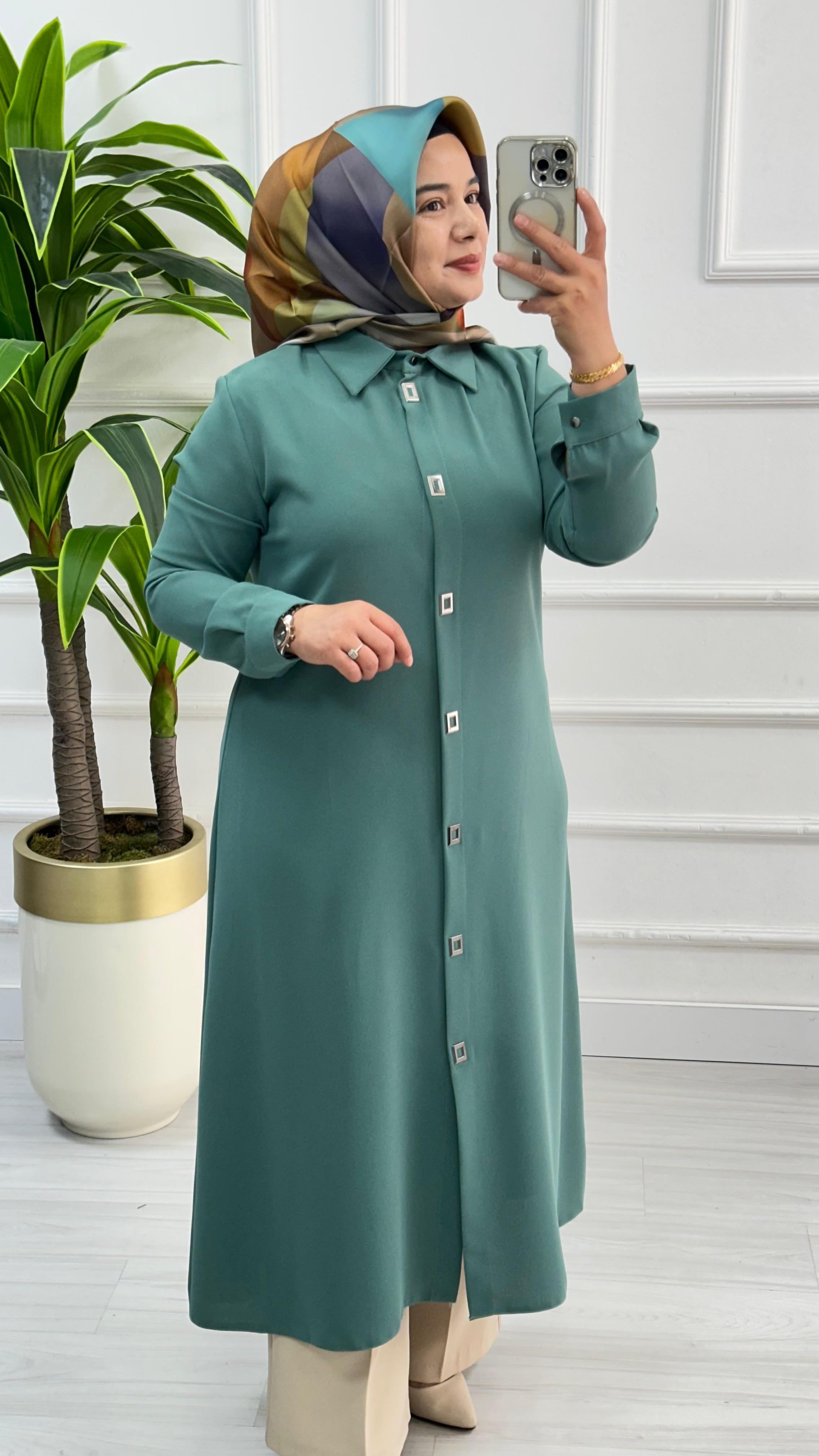 Çınar Özkan Çıt Çıtlı Uzun Tesettür Tunik Giyçık 2132 - Mint Yeşili