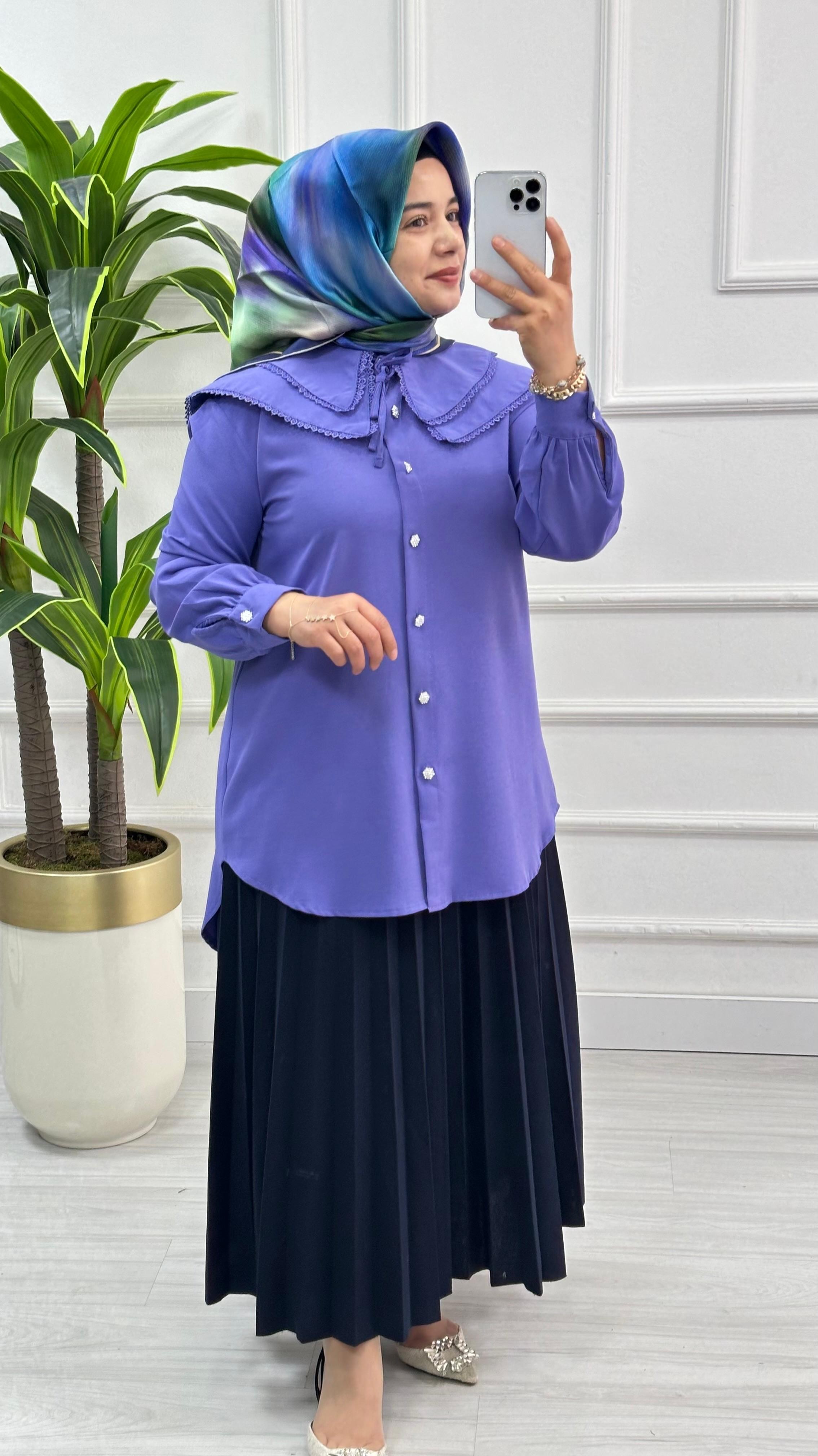 Dantelli Çift Yakalı Linda Tunik 1734 - Lila