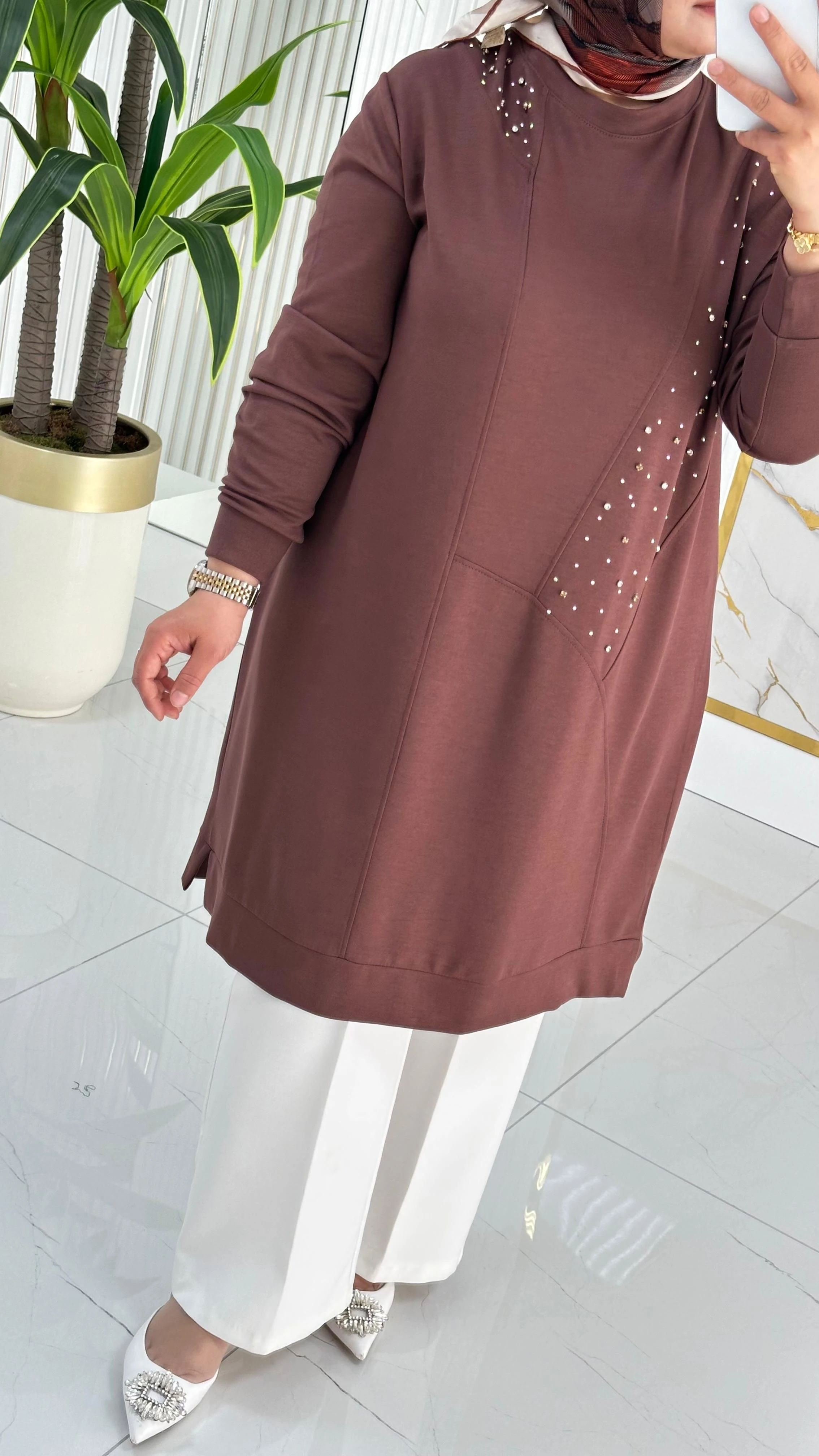 Kado Taş Baskılı Asimetrik Tunik 7020 - Kahverengi