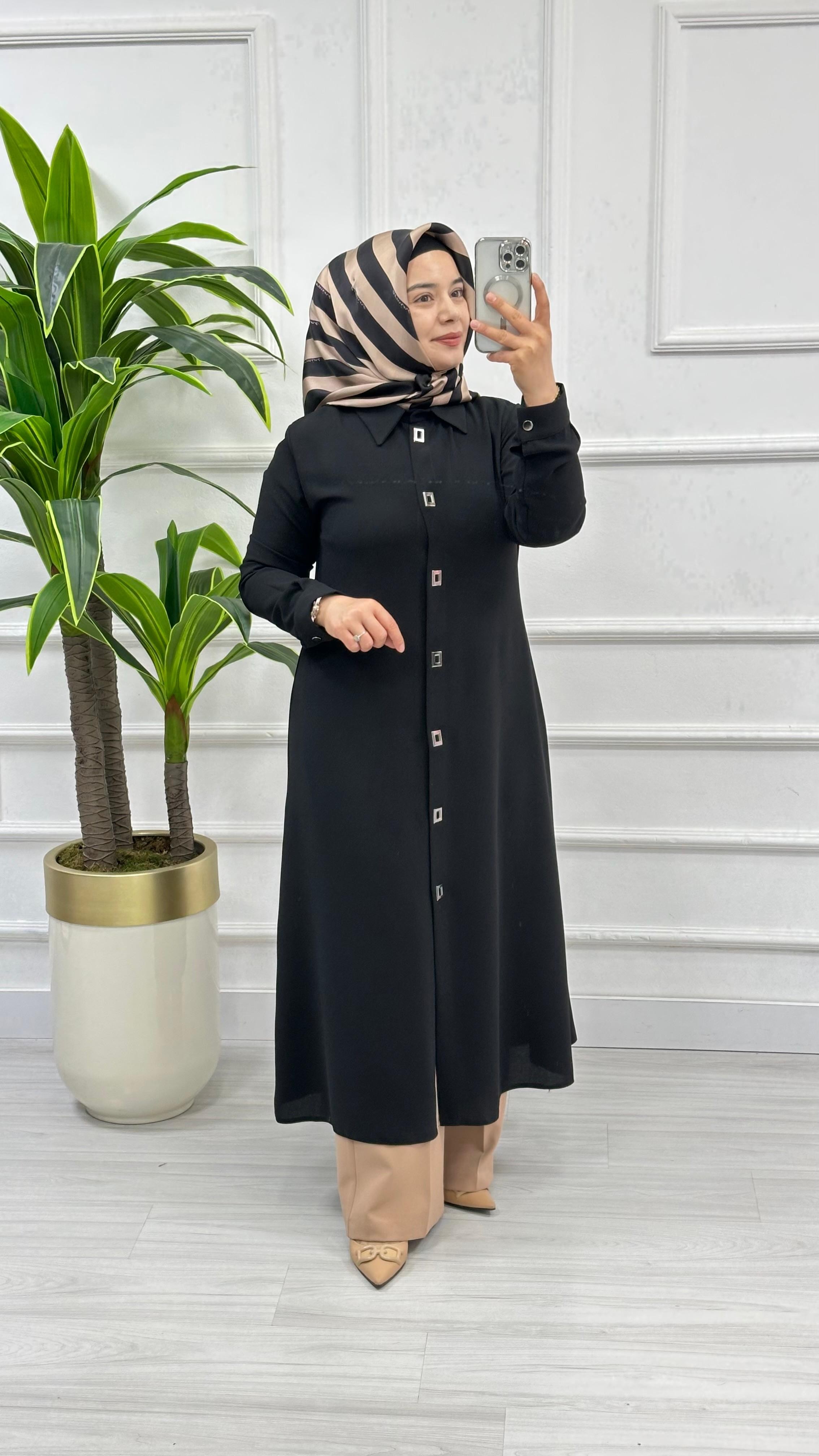 Çınar Özkan Çıt Çıtlı Uzun Tesettür Tunik Giyçık 2132 - Siyah