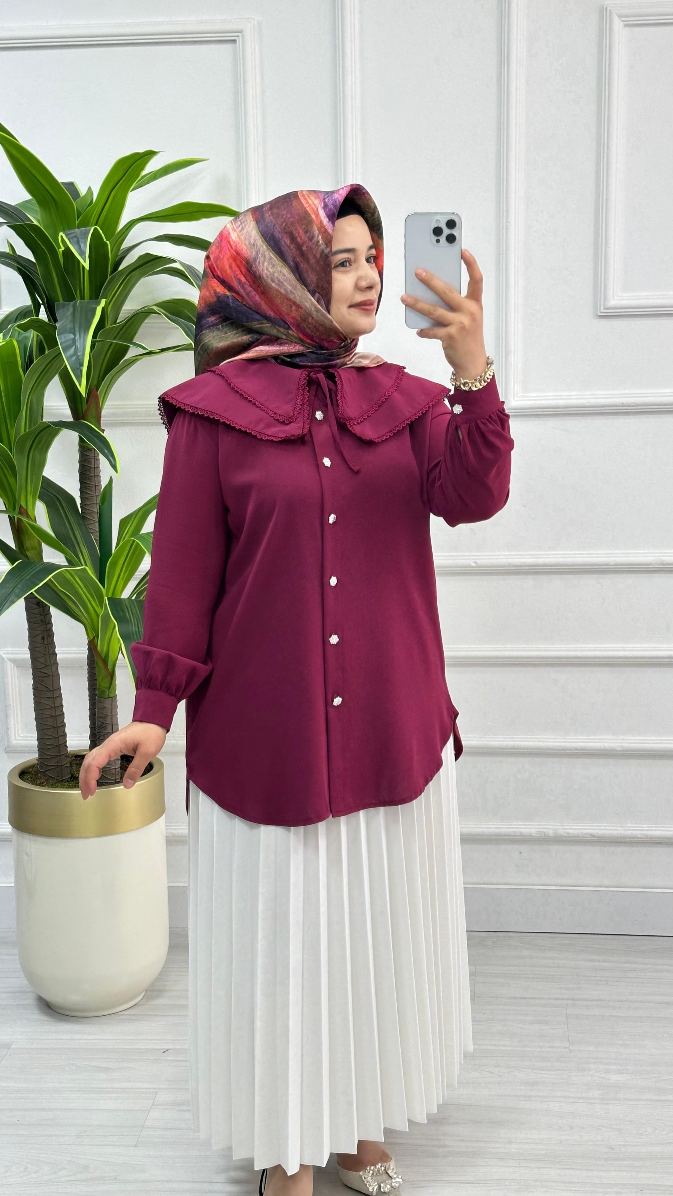 Dantelli Çift Yakalı Linda Tunik 1734 - Bordo