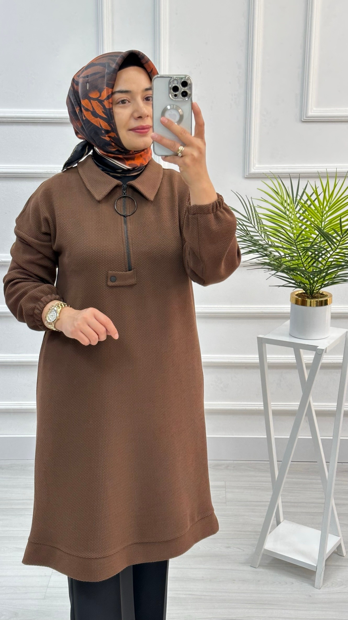 Alesya Halka Fermuarlı Tunik Taba 8846