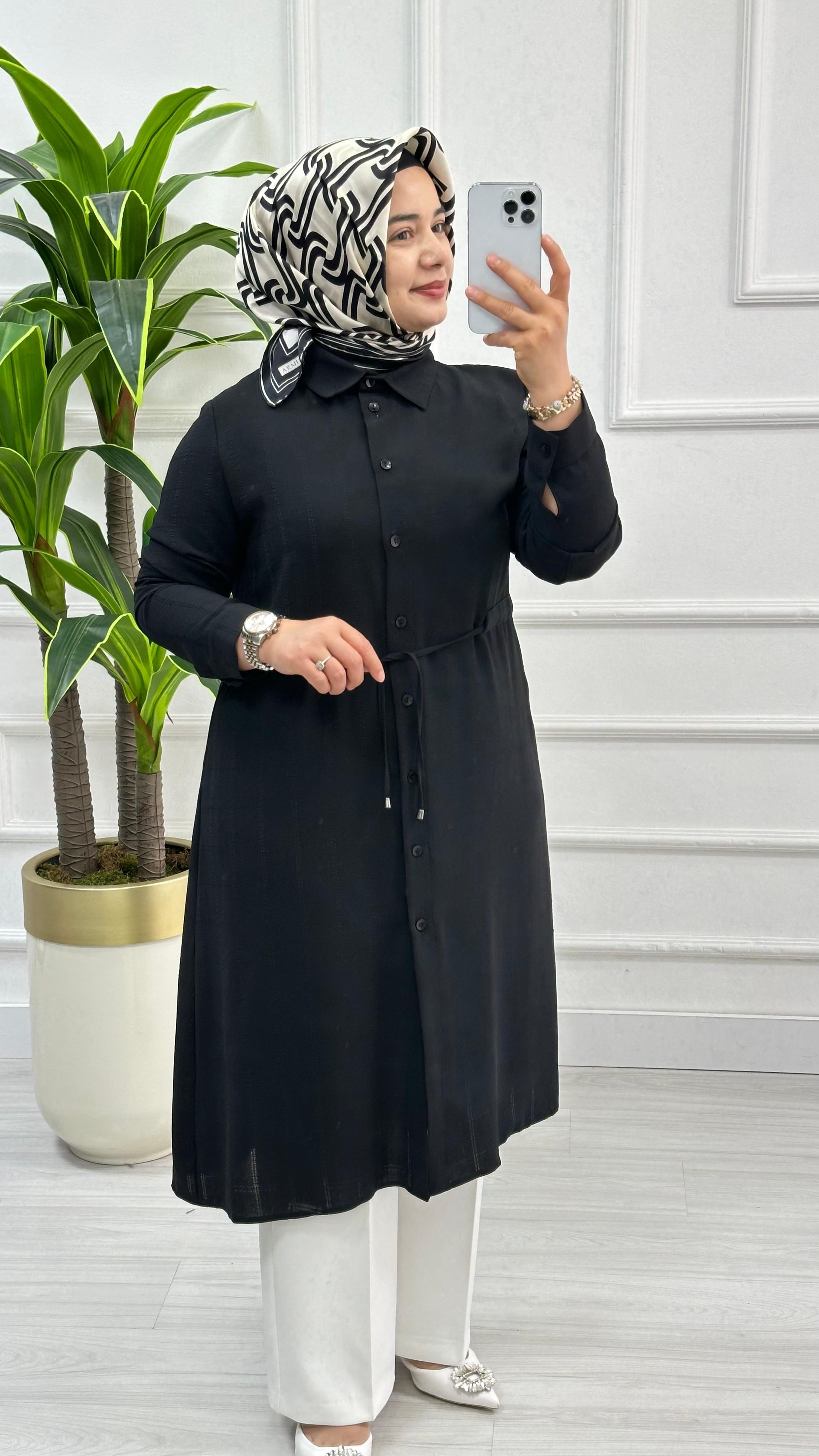 Ekose Desen Beli Büzgülü Kadın Tesettür Tunik 2937 - Siyah