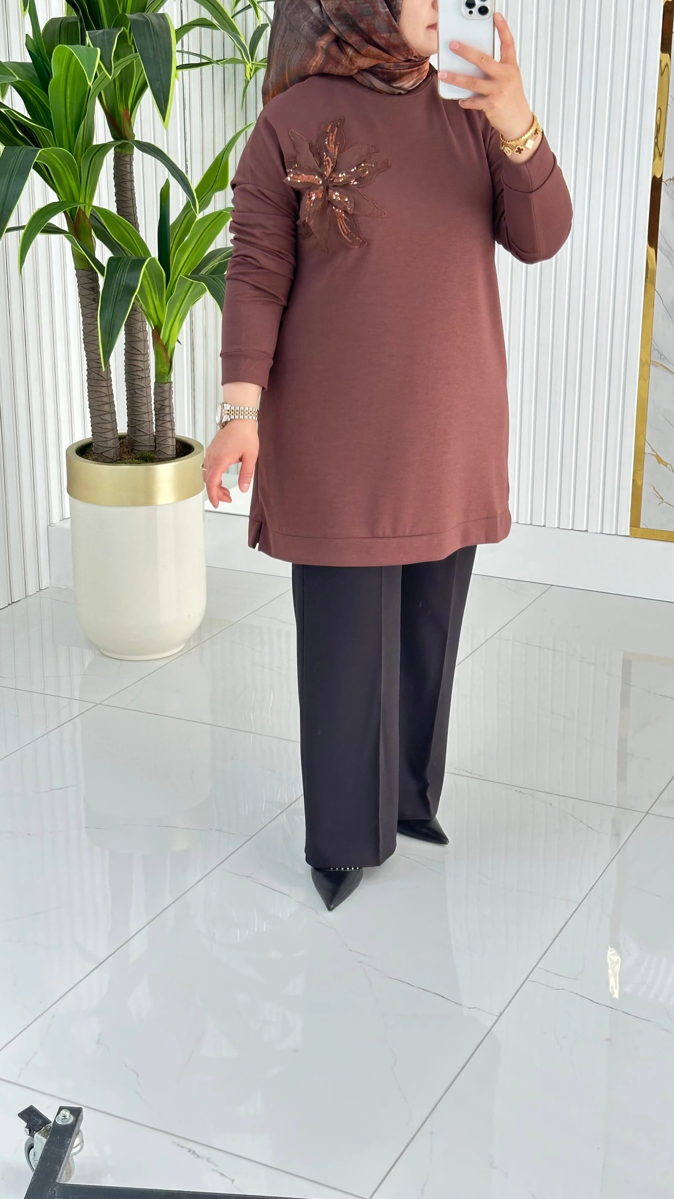 Kado Çiçek Desenli Tunik 7346 - Kahverengi