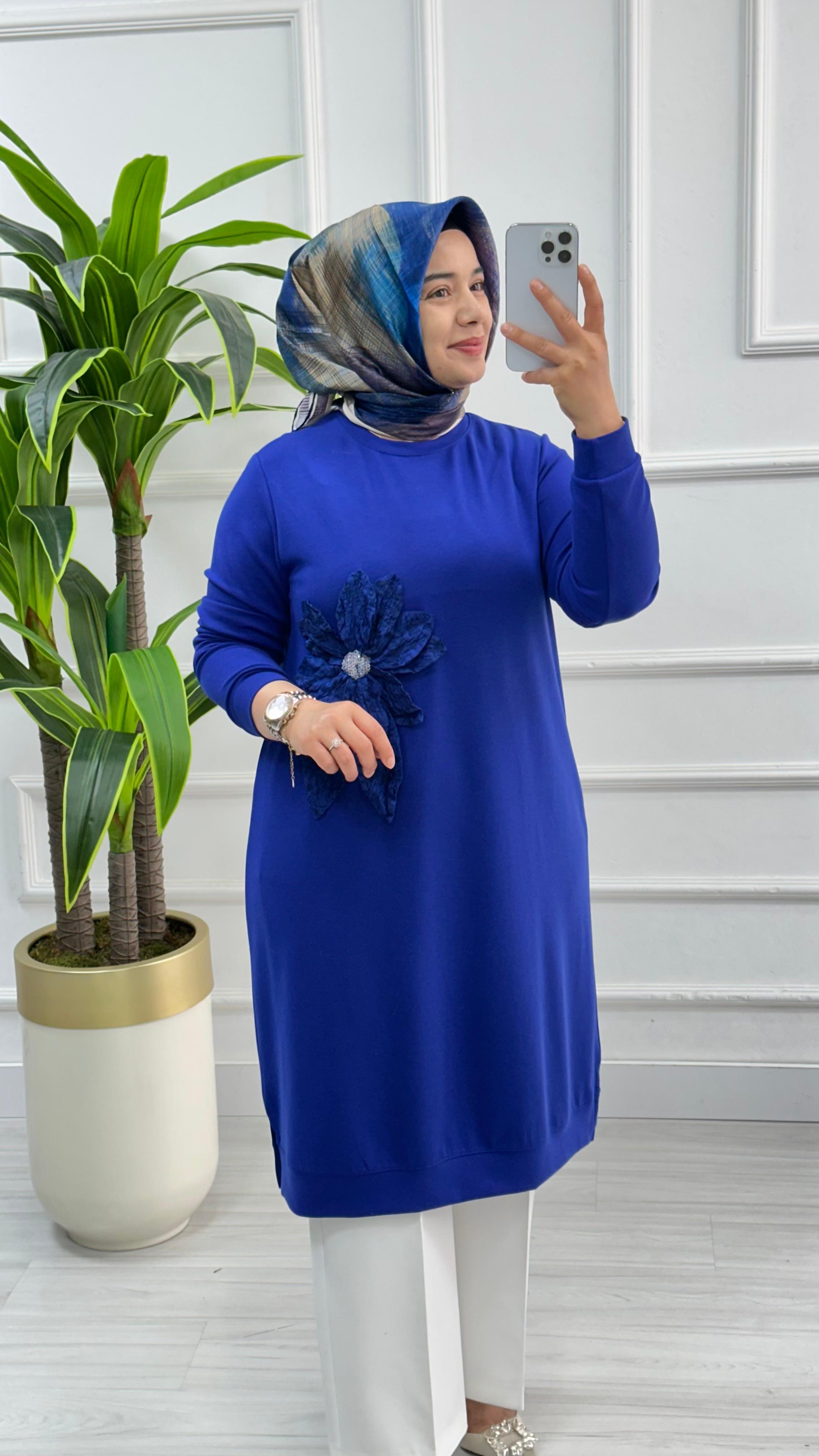 Kado Uzun Boy Çiçek Desenli Tunik 1354 - Saks Mavisi