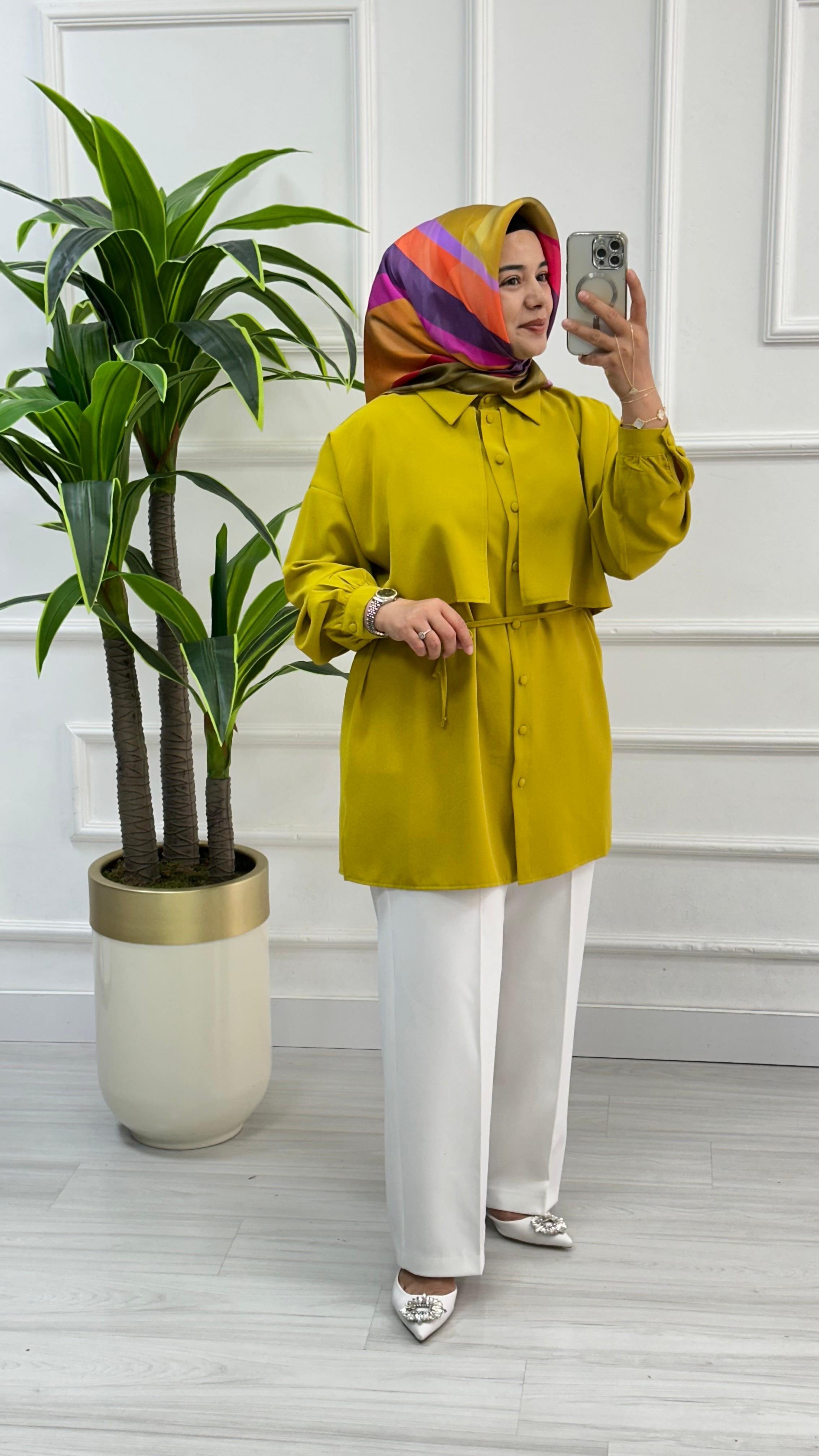 Cepkenli Biyeli Kemerli Linda Spor Tunik 1869 - Yağ Yeşili