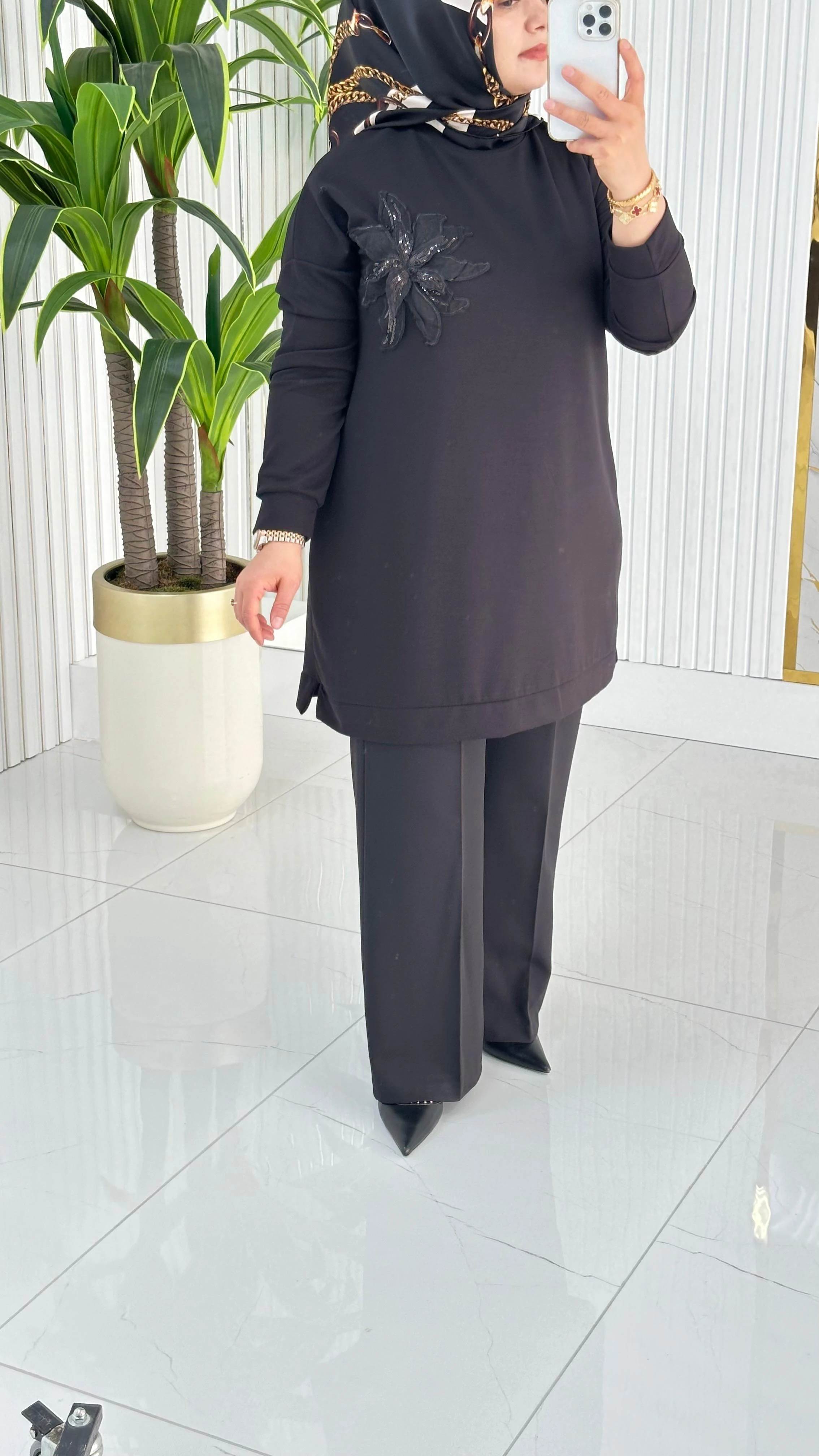 Kado Çiçek Desenli Tunik 7346 - Siyah