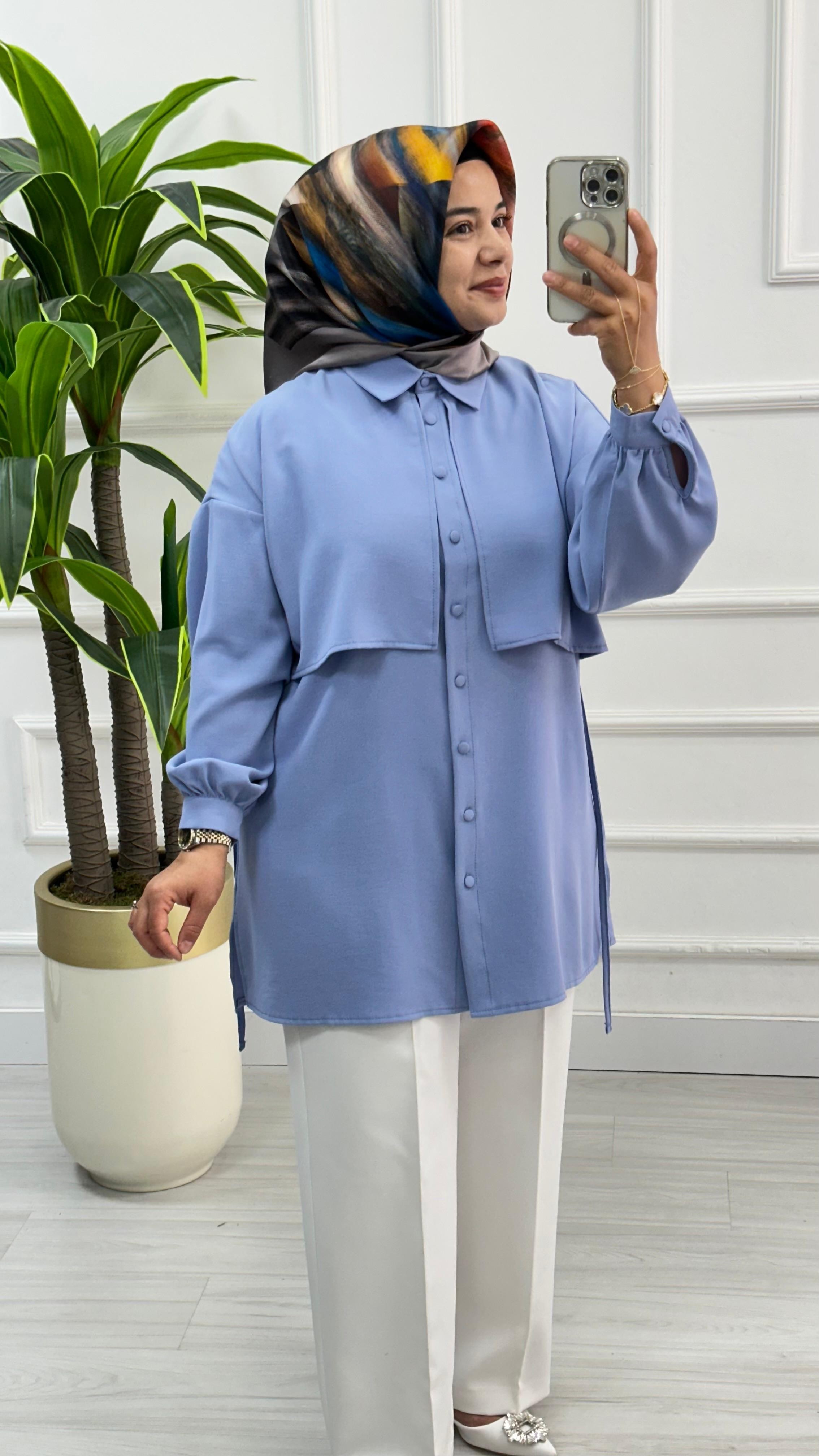 Cepkenli Biyeli Kemerli Linda Spor Tunik 1869 - Mavi
