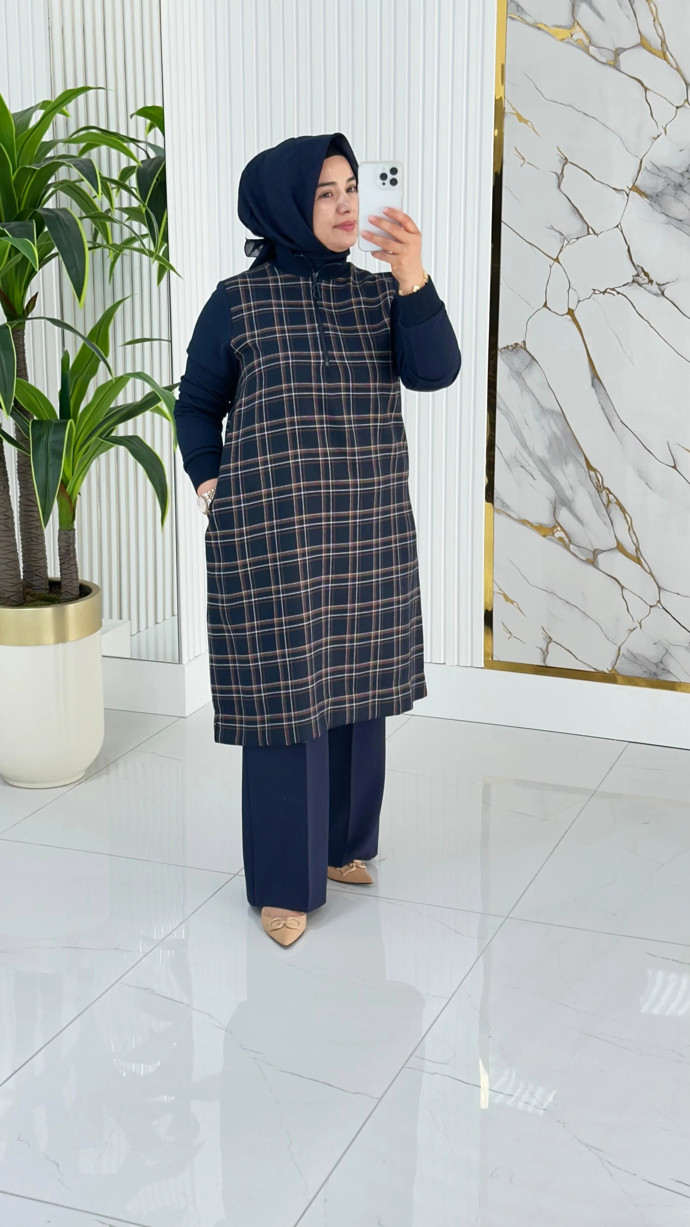 BELLİ (Armine Trend)Ekose Desen Ribanalı Kadın Tunik 1442