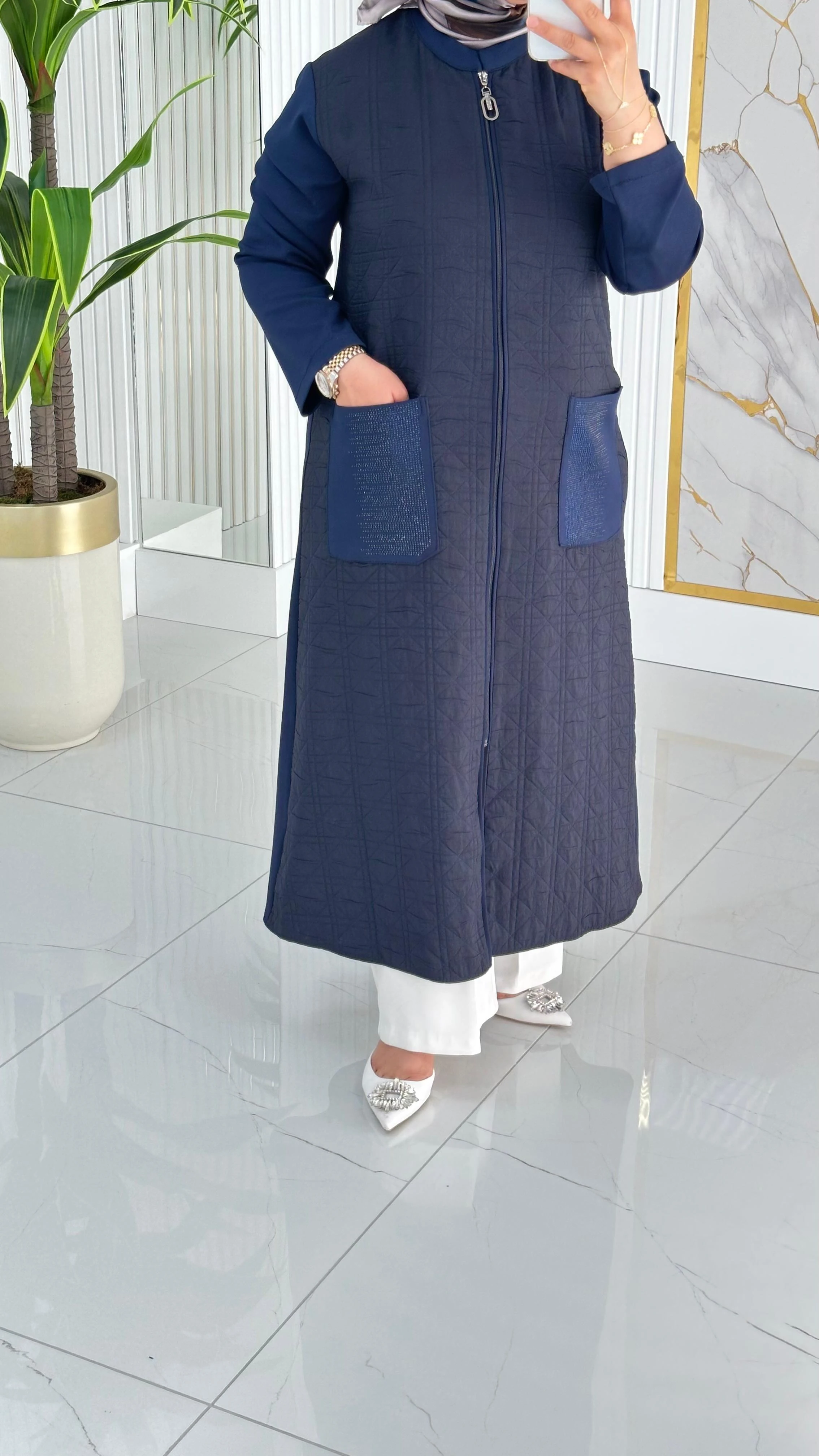 Haya Önü Fermuarlı Kapüşon Cepli Kadın Kapitone Kap 1634 - Lacivert