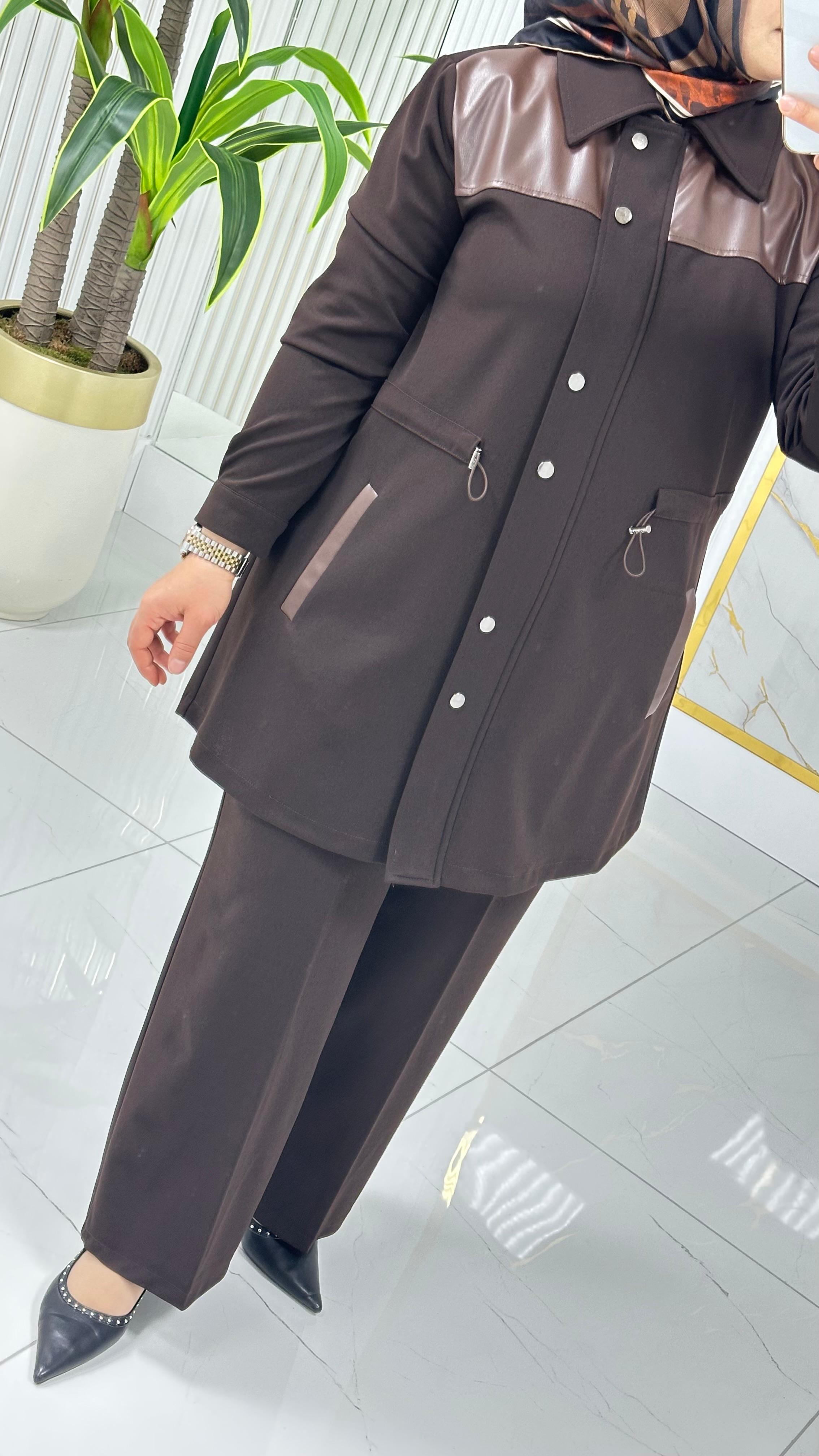 ÇINAR ÖZKAN DERİ DETAYLI İKİLİ TAKIM 2235 - Kahverengi