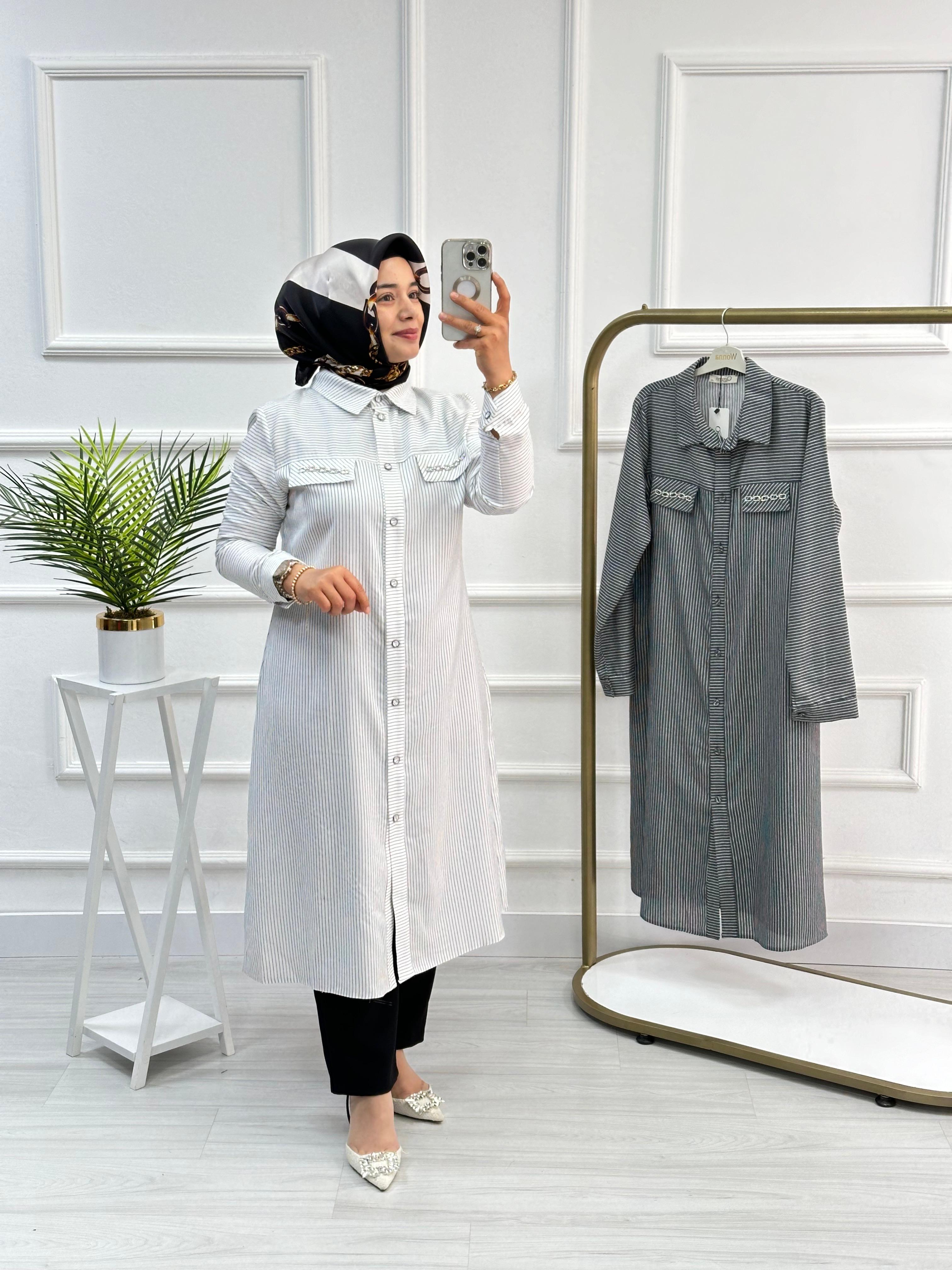 Qetenn Çizgili Cep Kapakları Zincir Detaylı Tunik 2837