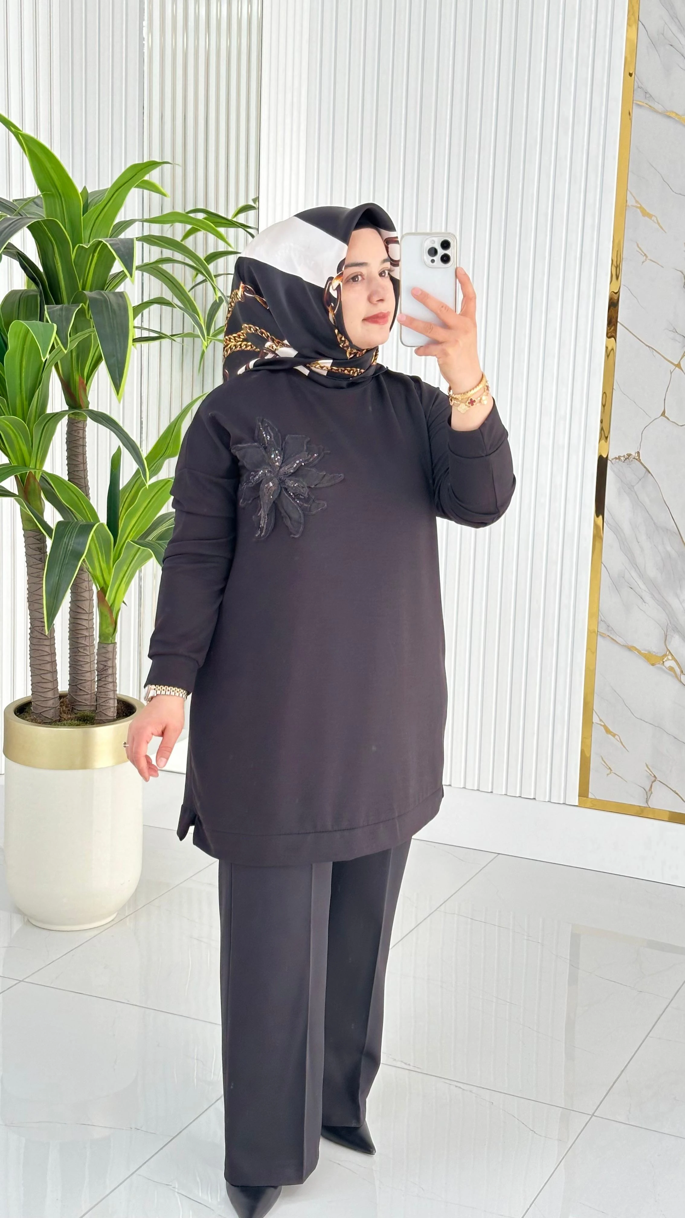 Kado Çiçek Desenli Tunik 7346 - Siyah