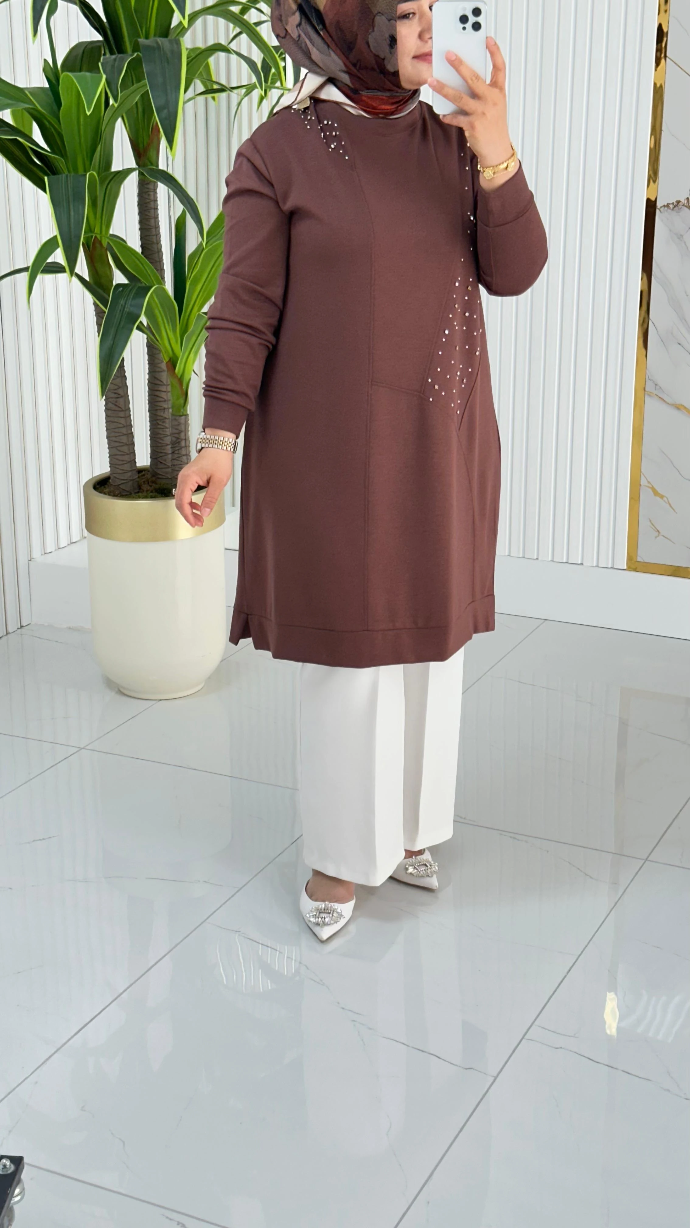 Kado Taş Baskılı Asimetrik Tunik 7020 - Kahverengi