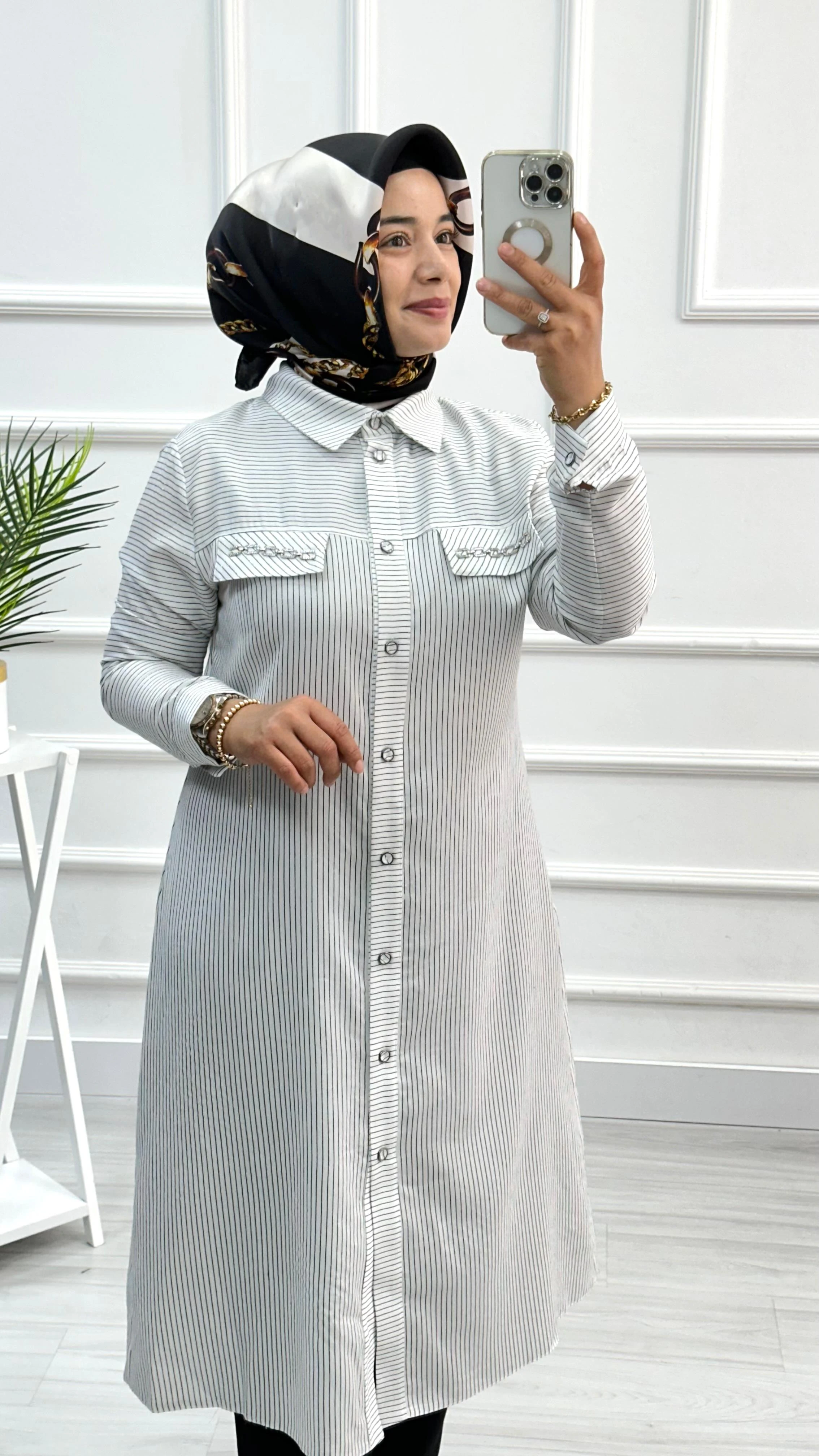 Qetenn Çizgili Cep Kapakları Zincir Detaylı Tunik 2837