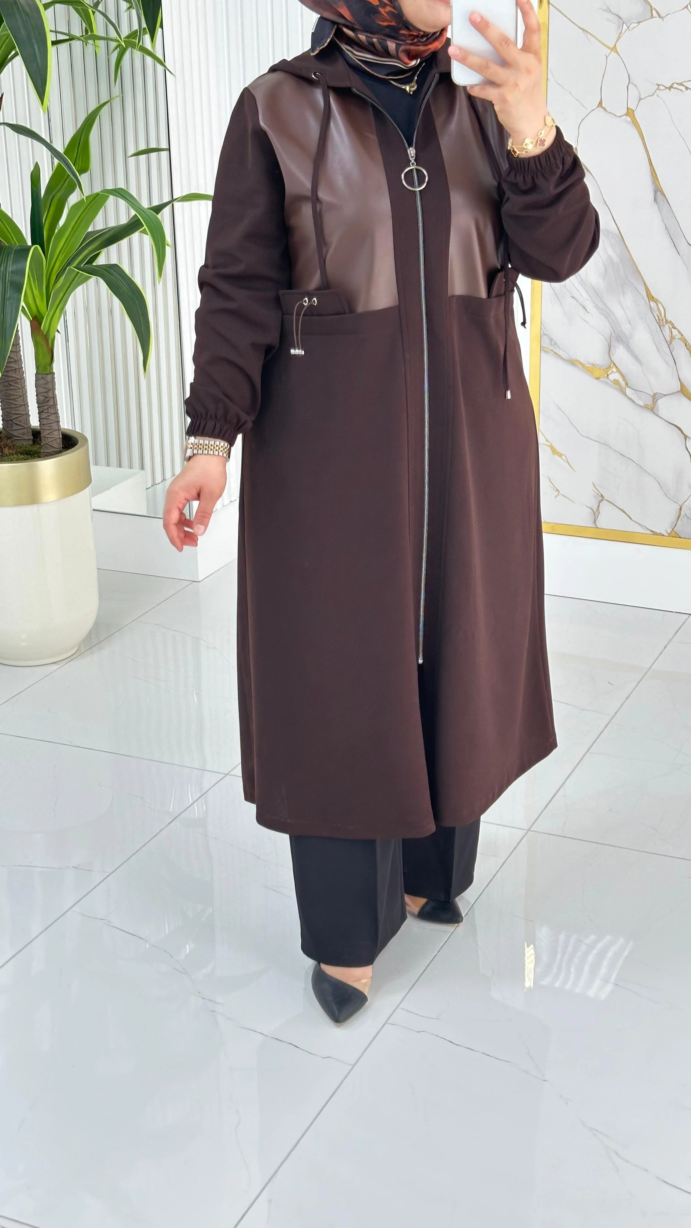 Önü Fermuarlı Deri Kombinli Kadın Giyçık Kap 2278 - Açık Kahve